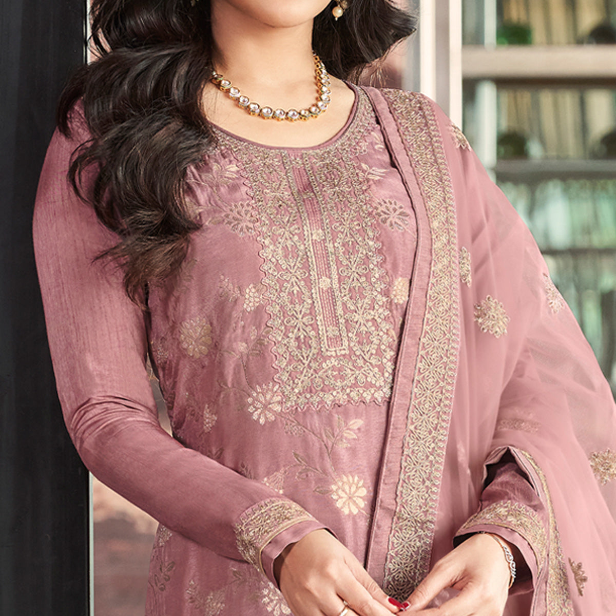 Mauve Embroidered Viscose Semi Stitched Salwar Suit