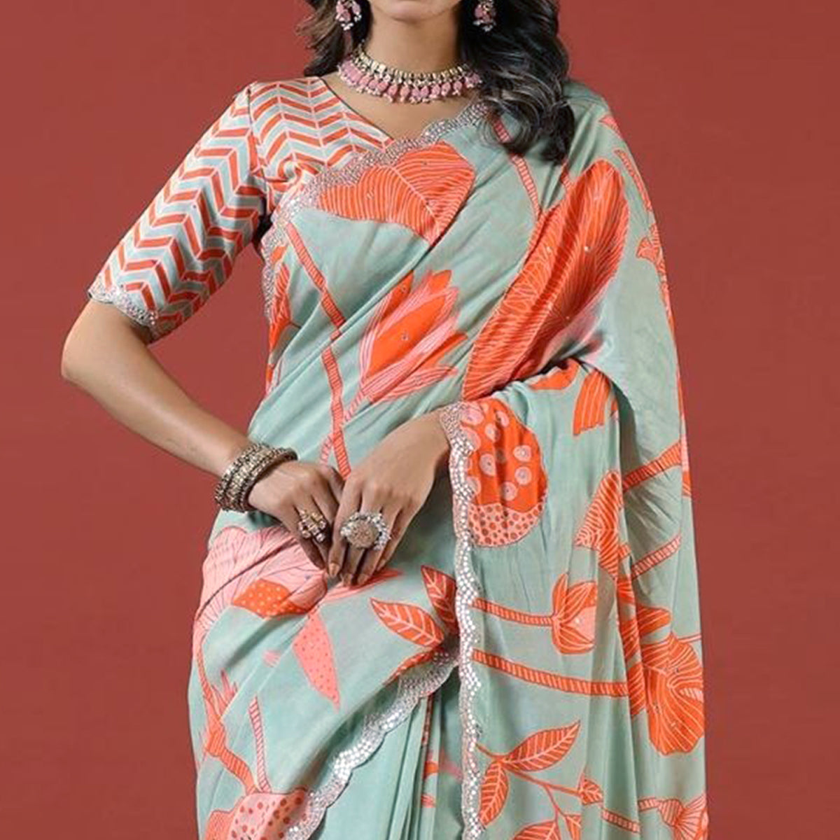 Turquoise & Orange Sequin Embroidered Vichitra Silk Saree