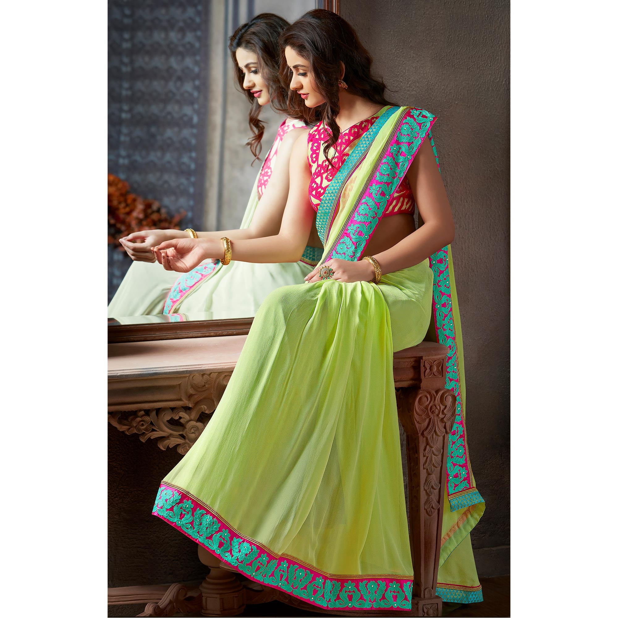 Green Embroidered Georgette Saree