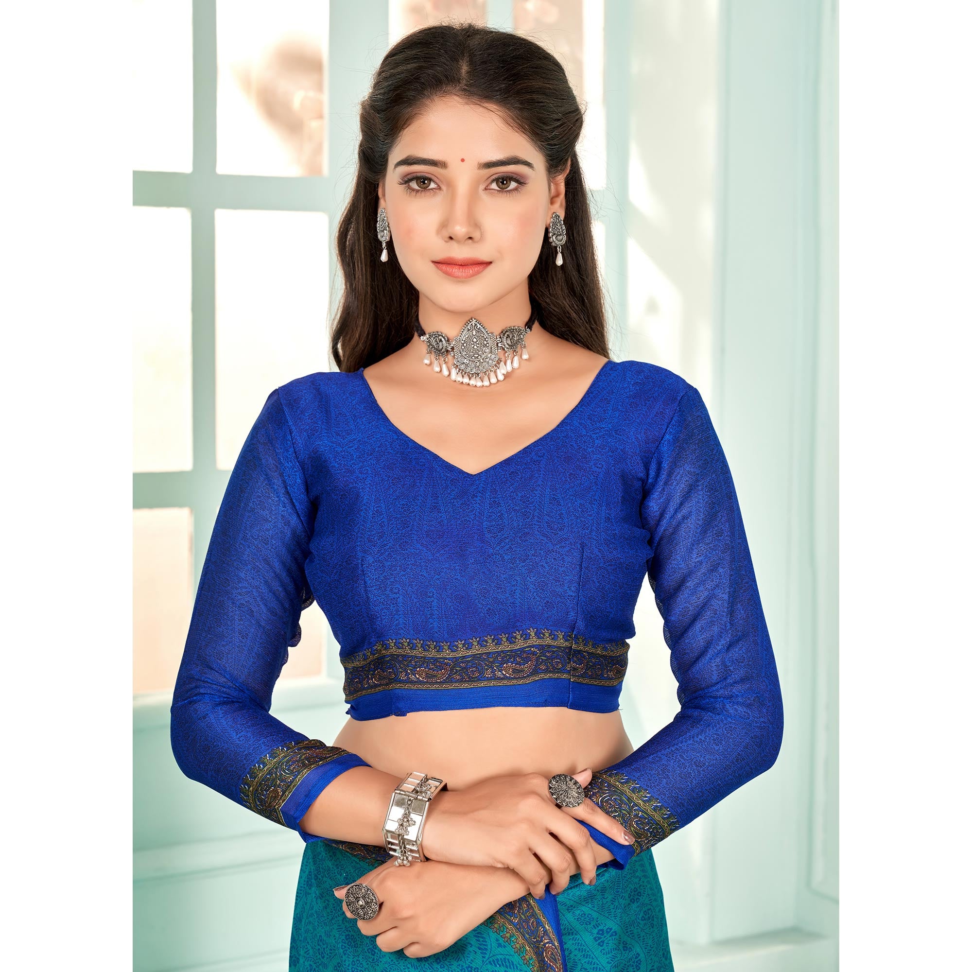 Blue Floral Printed Chiffon Saree