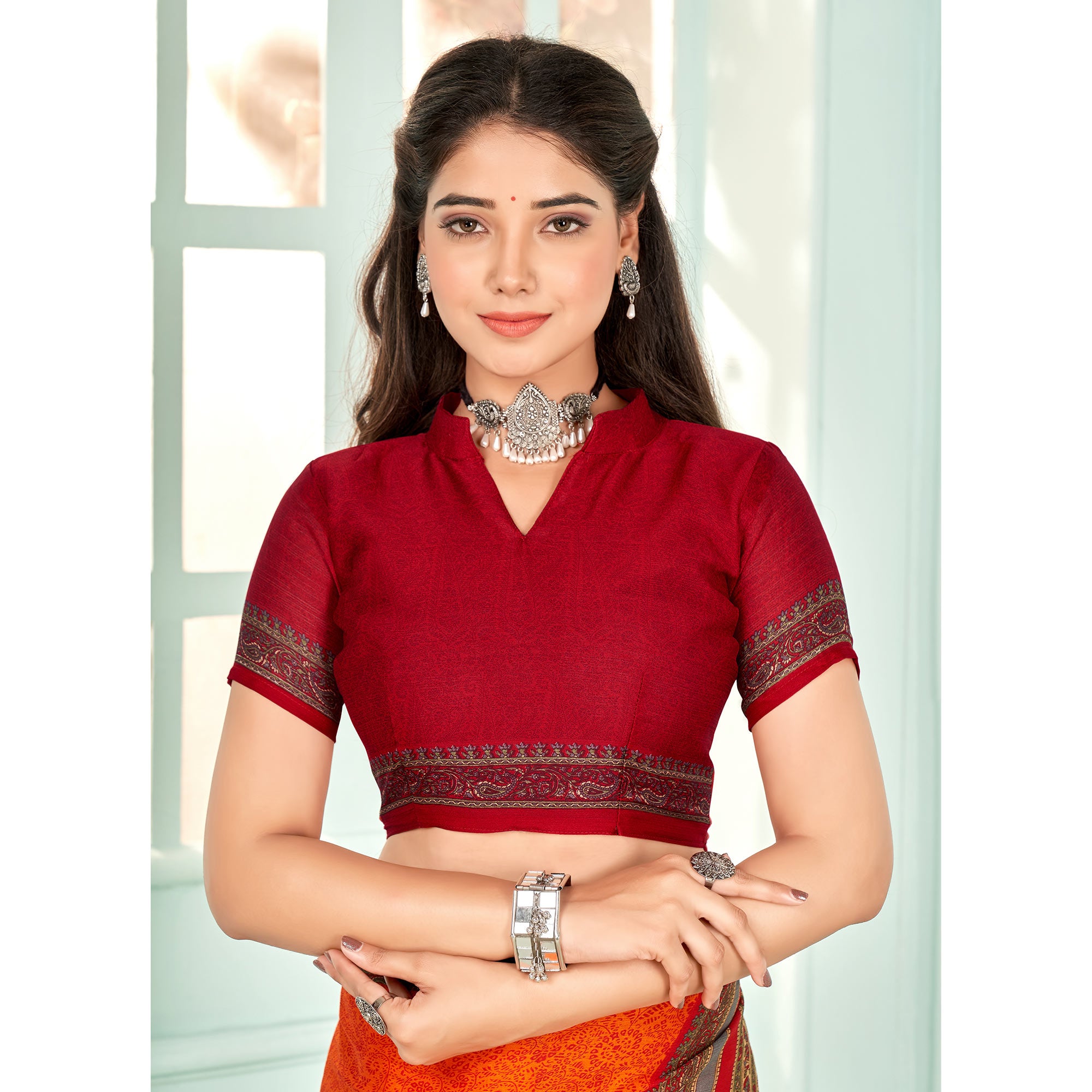 Orange Floral Printed Chiffon Saree