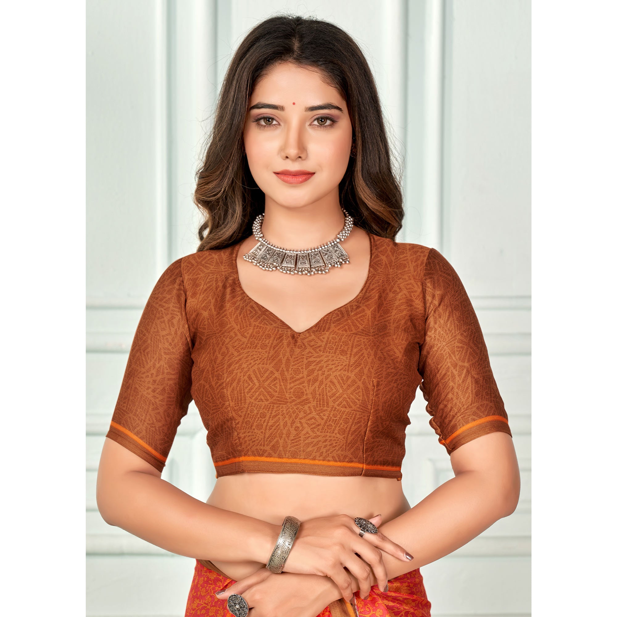 Salmon Pink Floral Printed Chiffon Saree