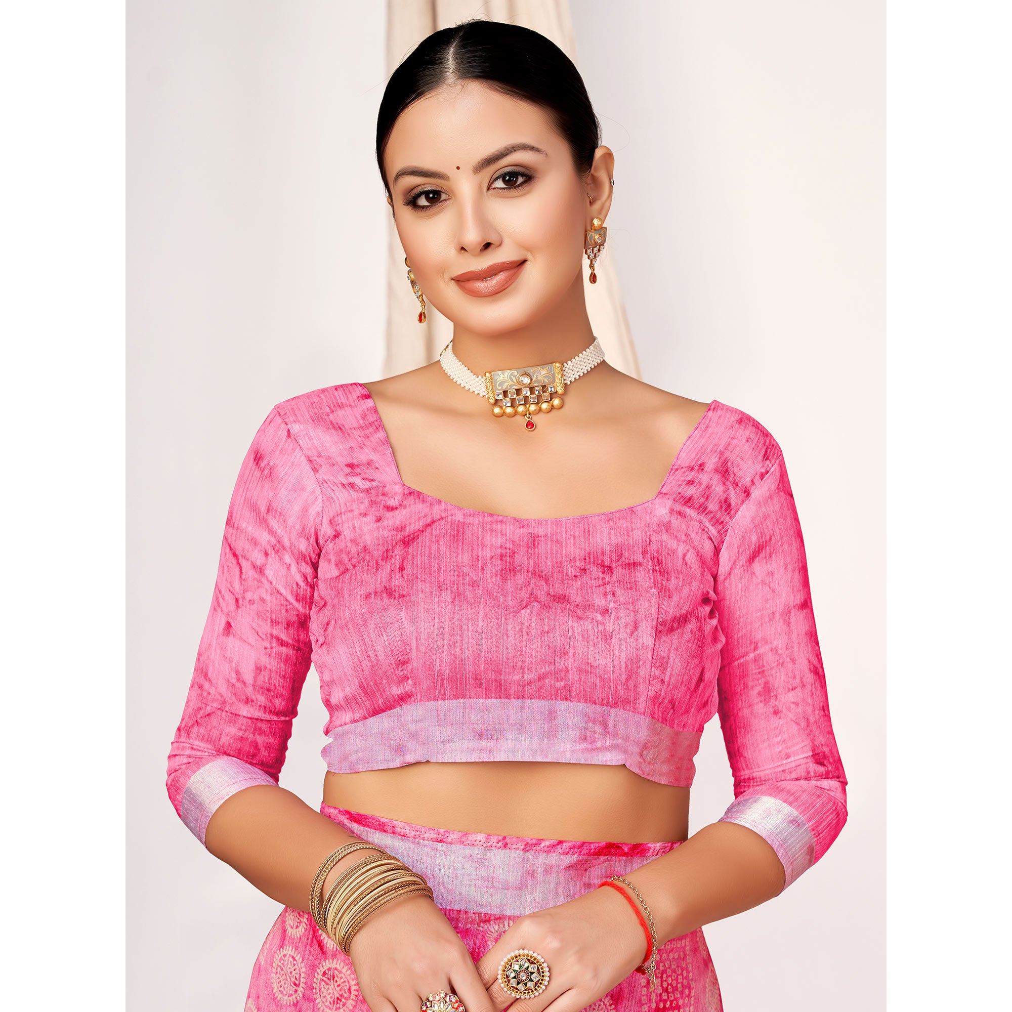 Pink Printed Cotton Silk Saree With Woven Border