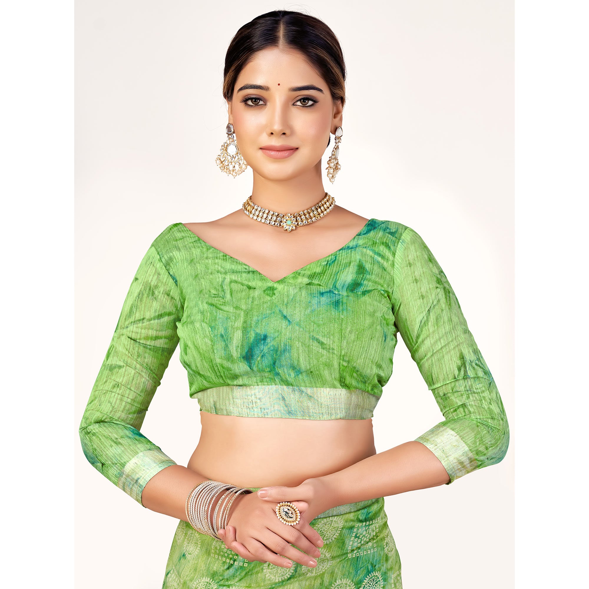 Pista Green Printed Cotton Silk Saree With Woven Border