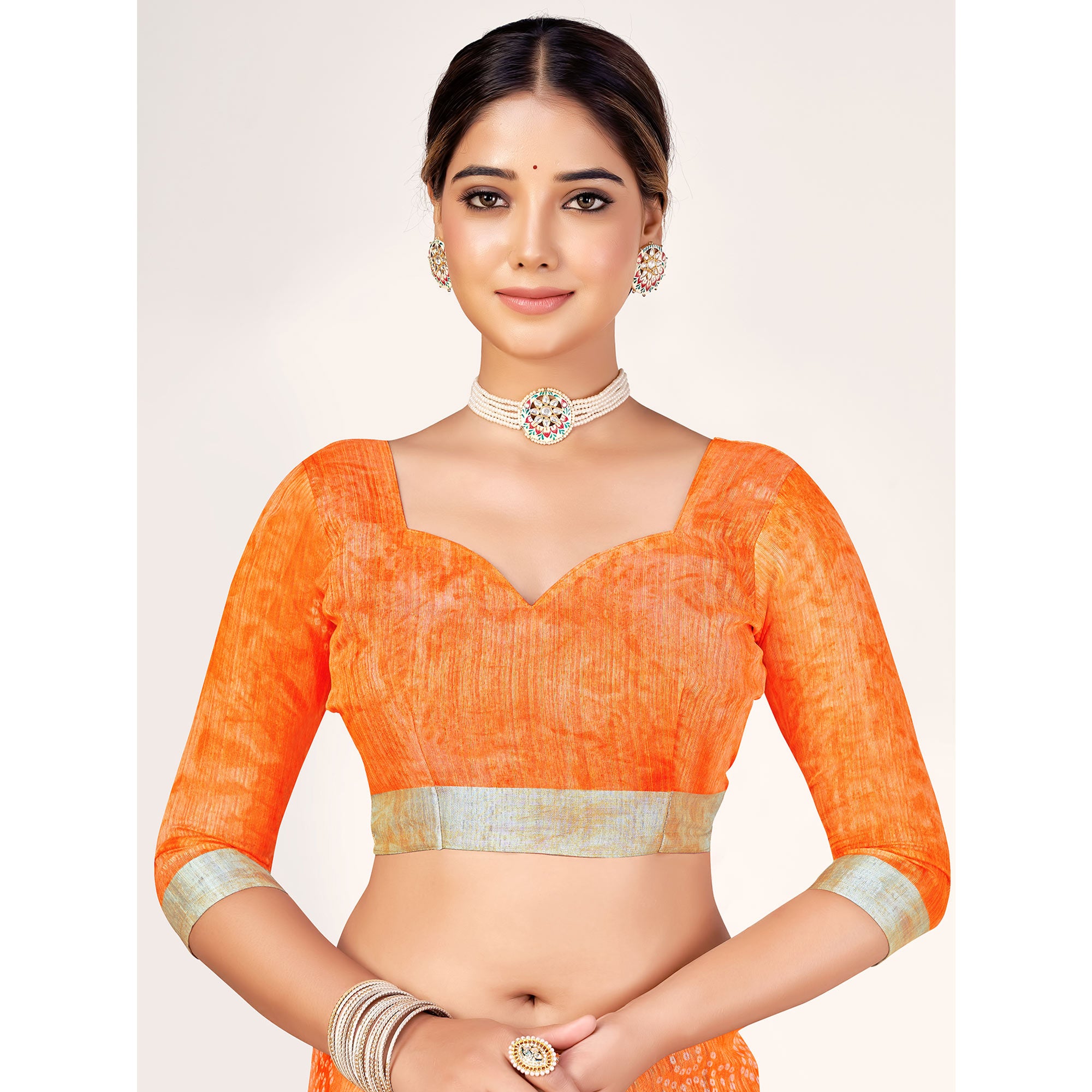 Orange Printed Cotton Silk Saree With Woven Border