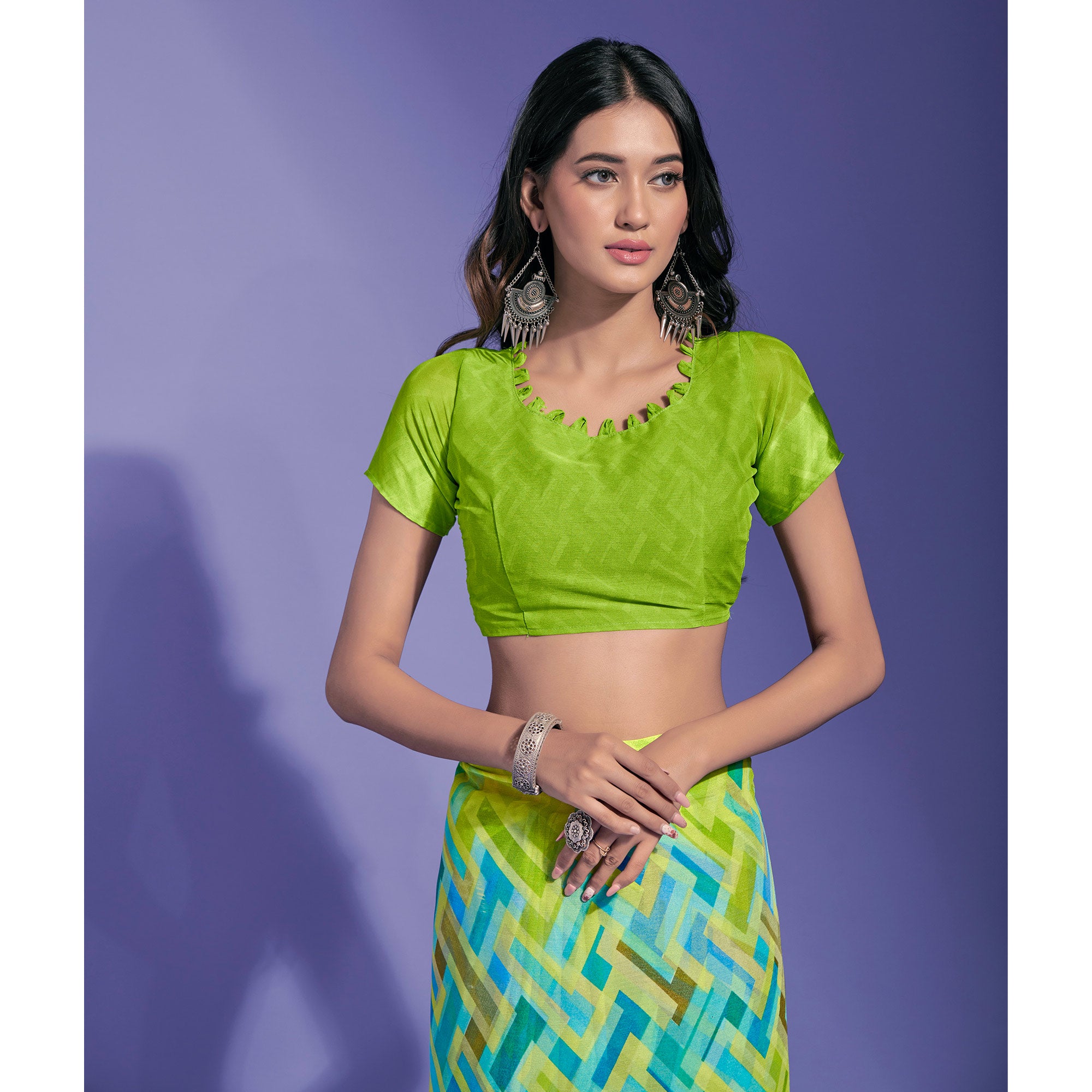 Green Geometric Printed Chiffon Saree