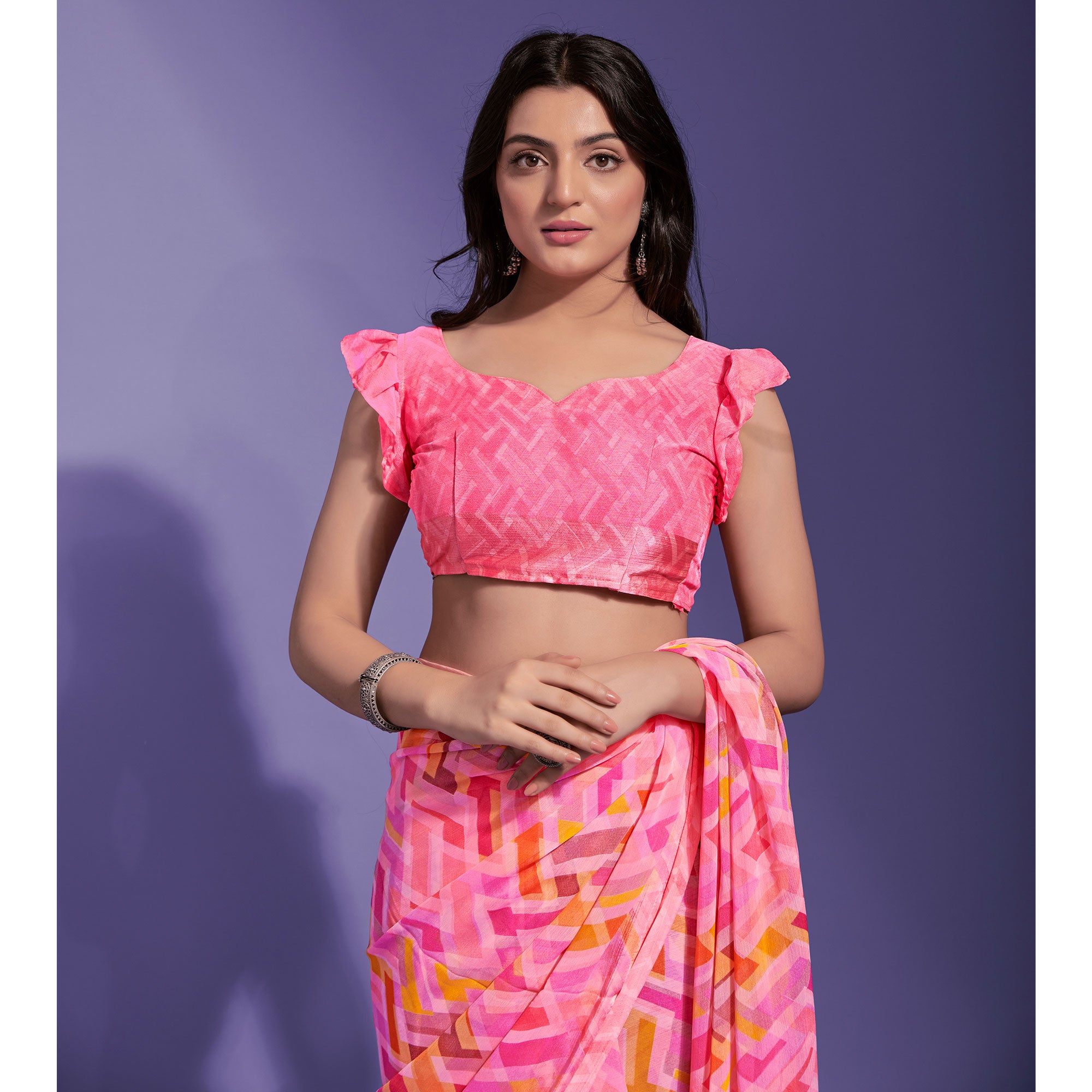 Salmon Pink Geometric Printed Chiffon Saree
