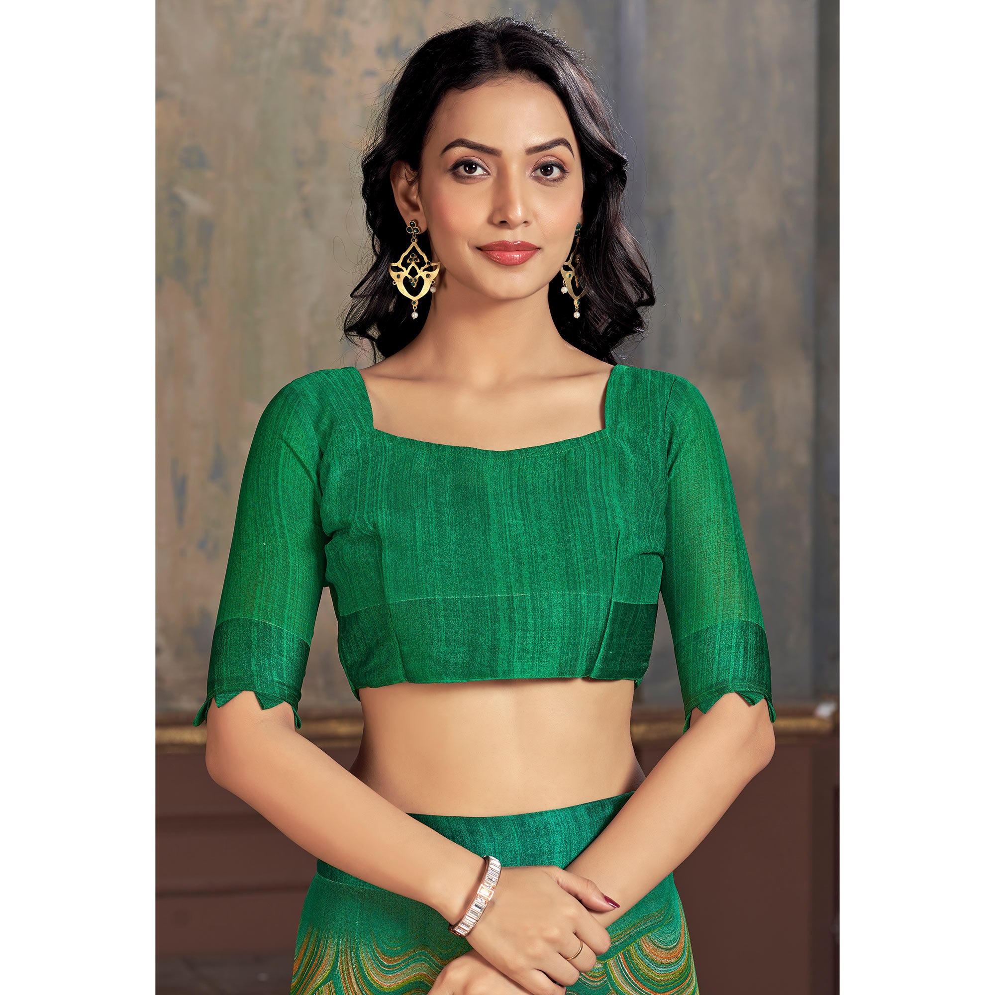 Green Printed Chiffon Saree With Woven Border