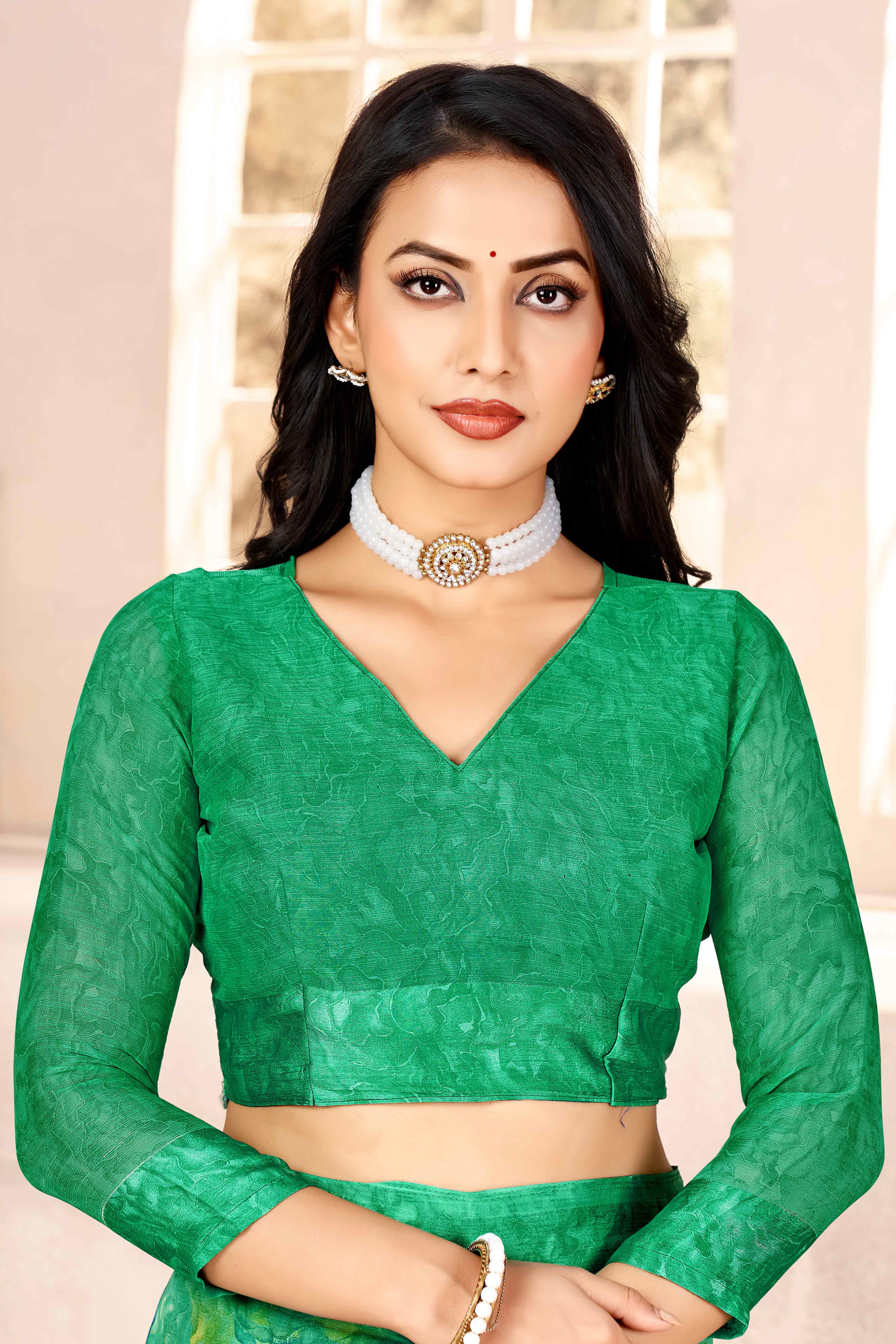 Green Chiffon Saree With Delicate Floral Prints & Elegant Woven Border