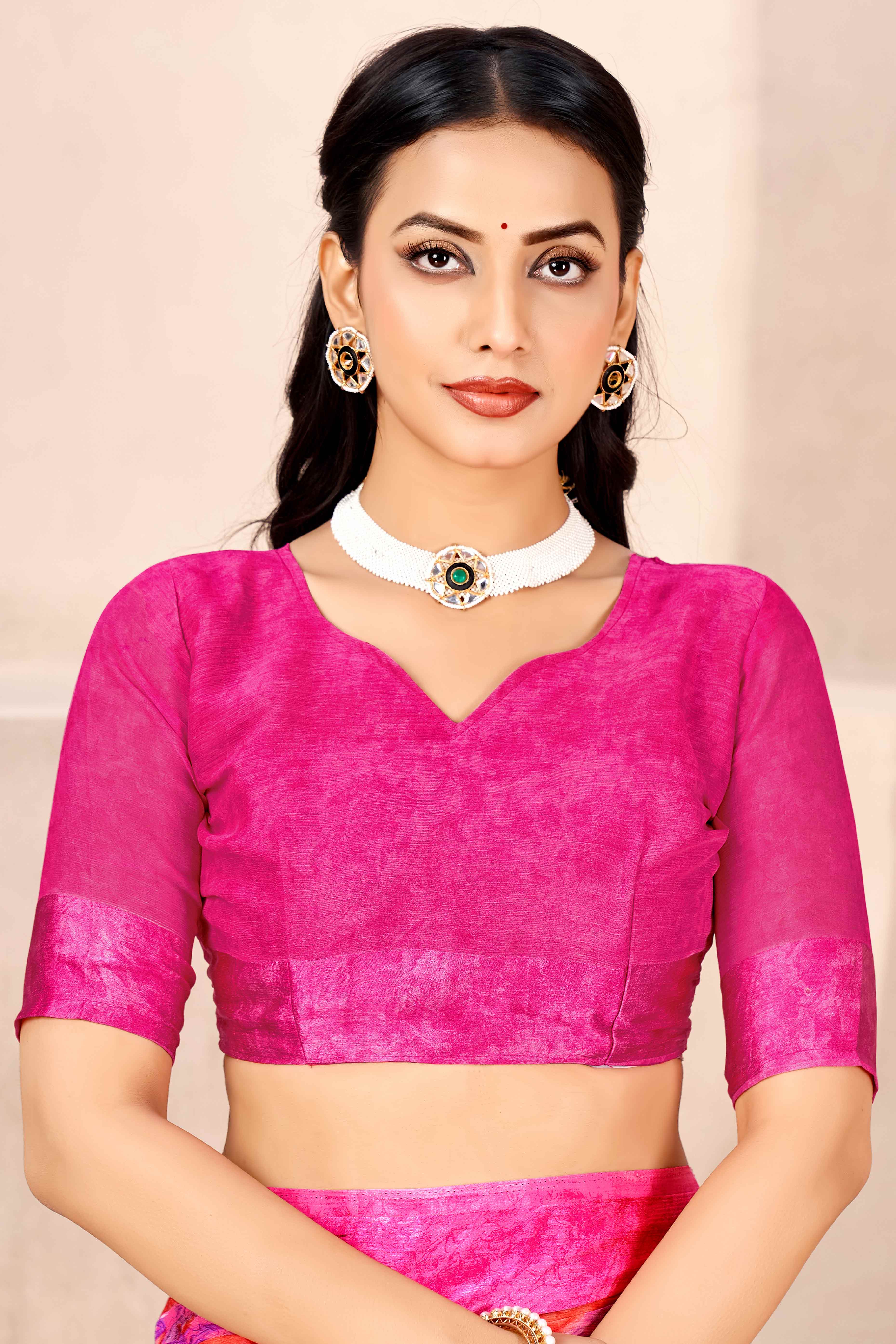 Rani Pink Chiffon Saree With Delicate Floral Prints & Elegant Woven Border