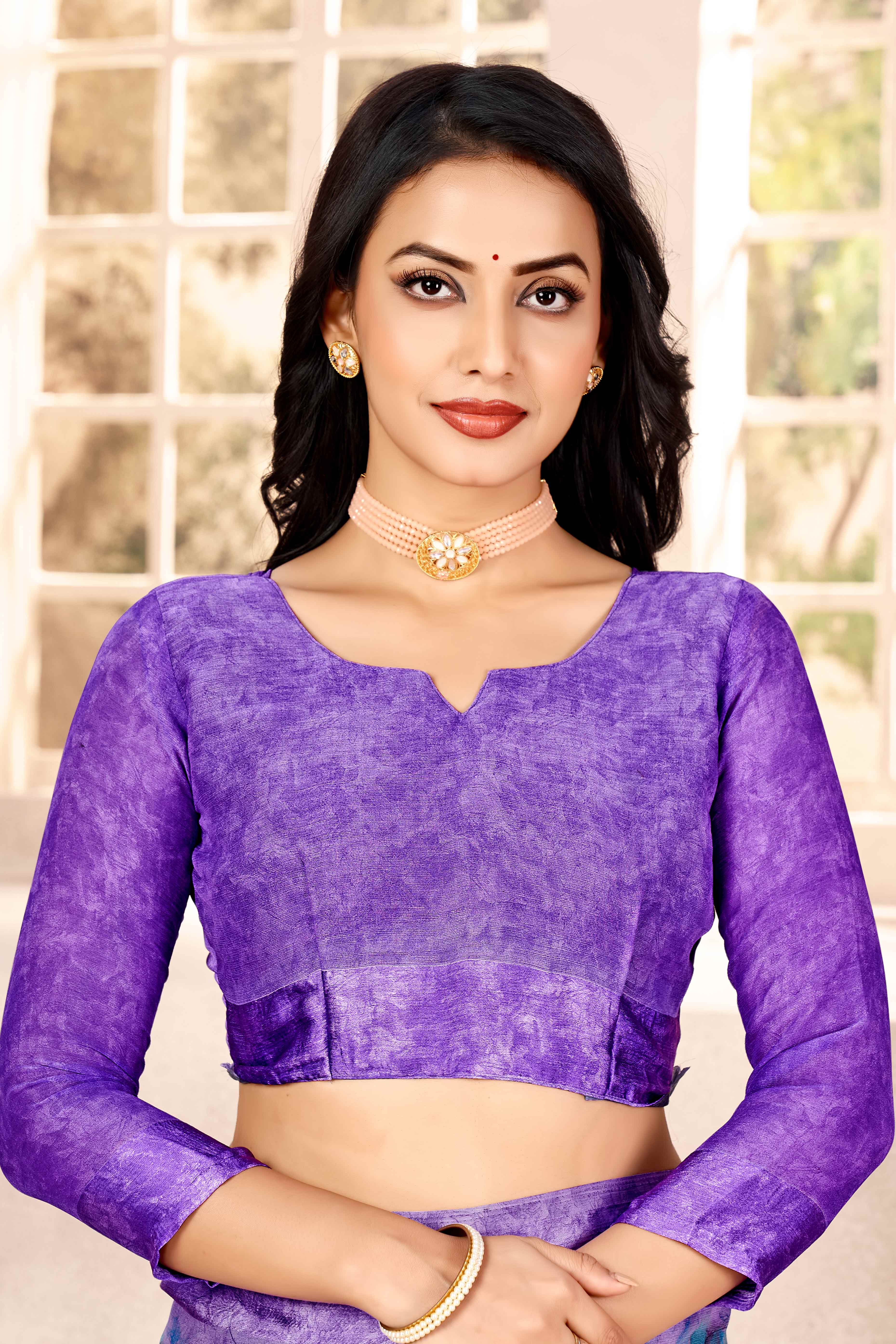 Lavender Chiffon Saree With Delicate Floral Prints & Elegant Woven Border