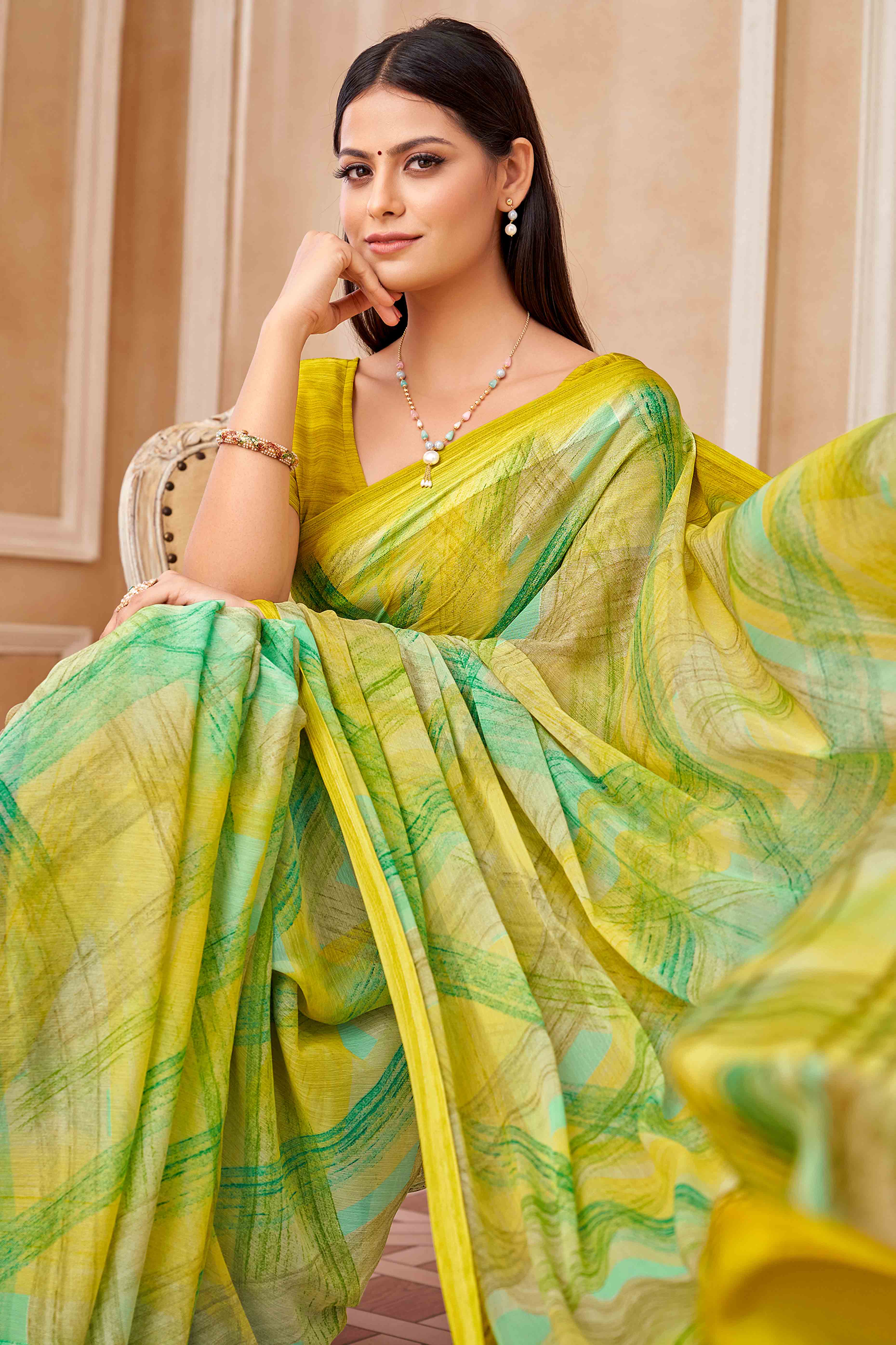 Lime Green Chiffon Saree With Delicate Prints & Elegant Satin Woven Border
