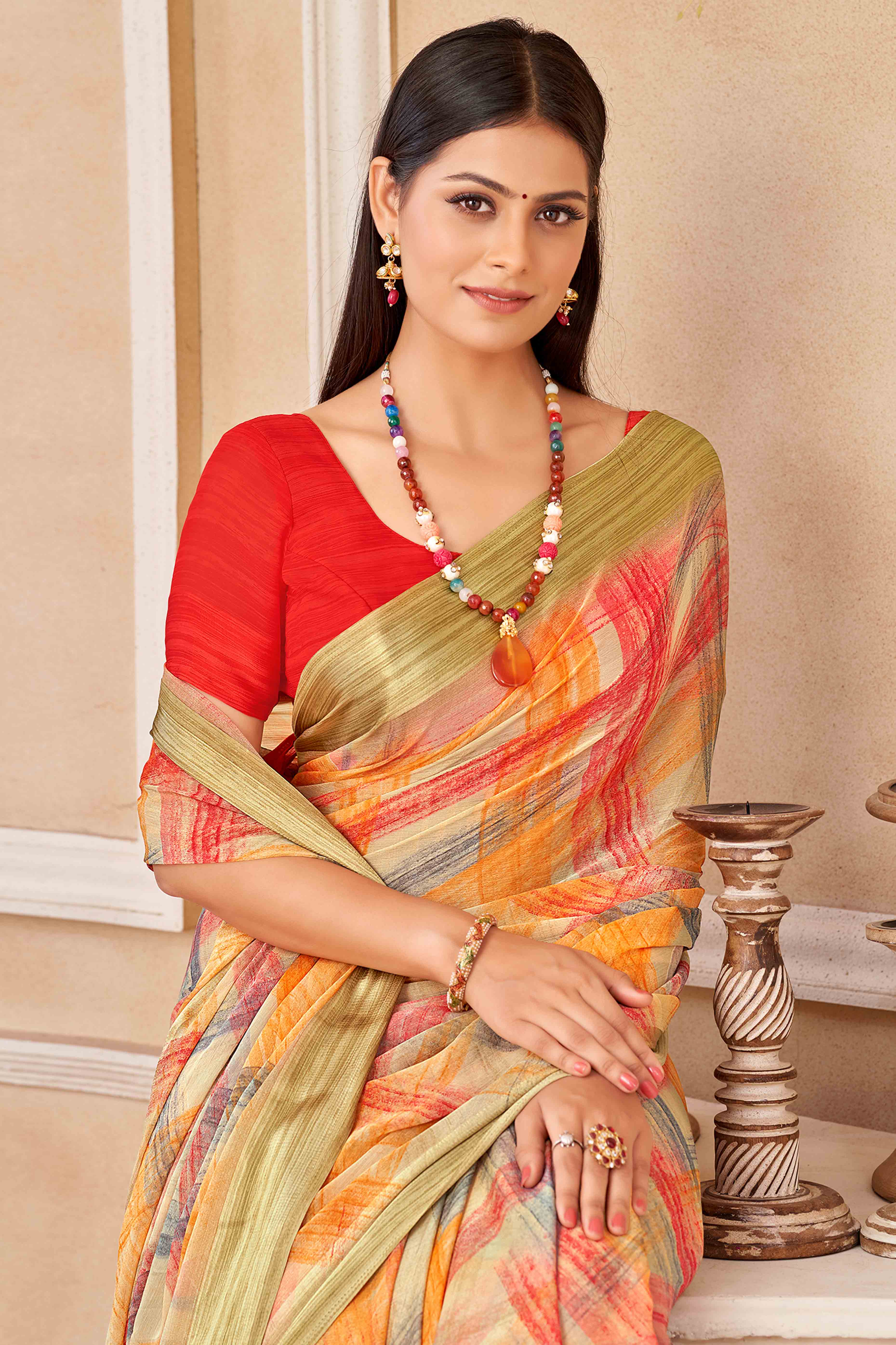 Multicolor Chiffon Saree With Delicate Prints & Elegant Satin Woven Border
