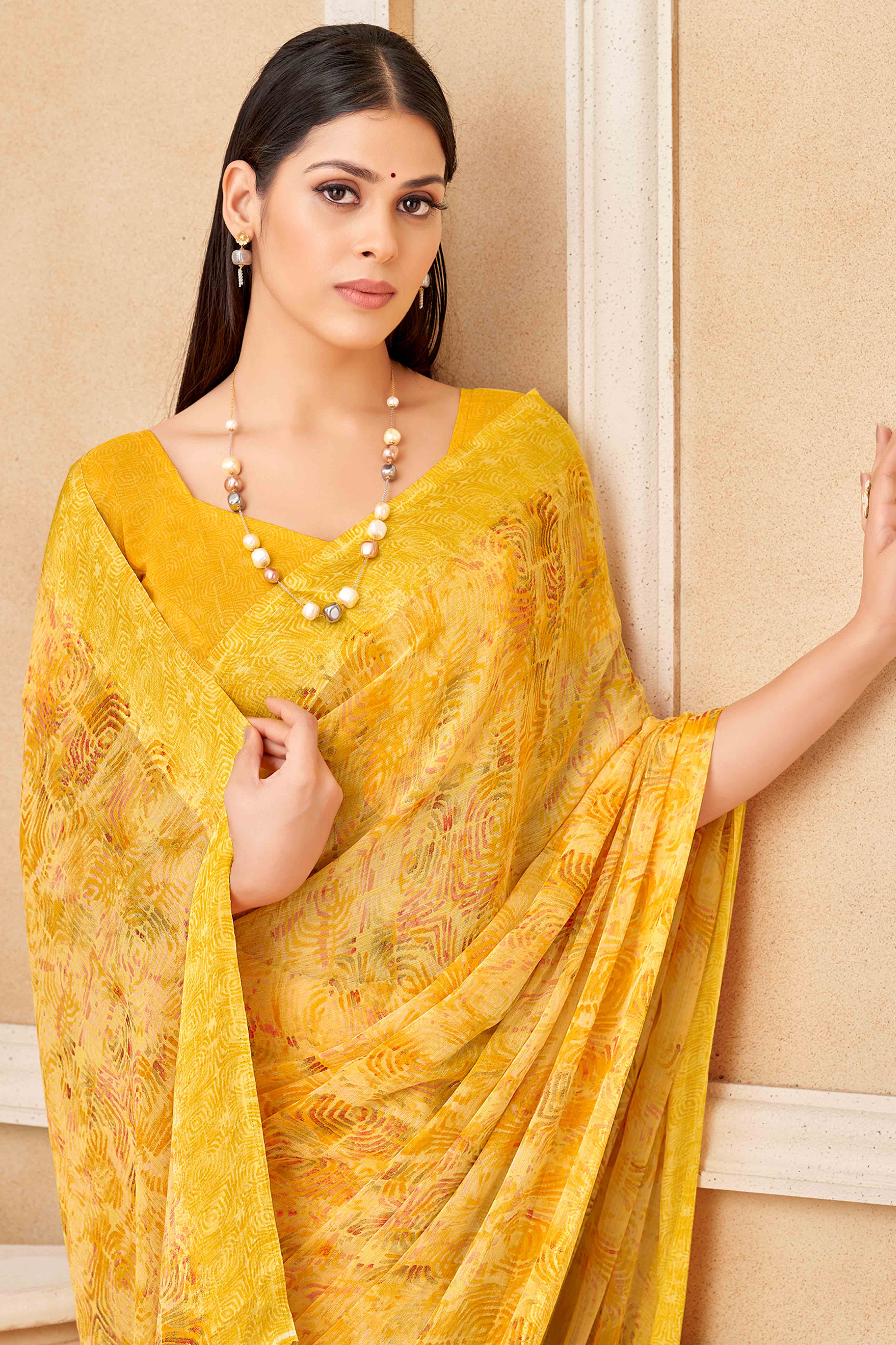 Mustard Chiffon Saree With Delicate Prints & Elegant Satin Woven Border