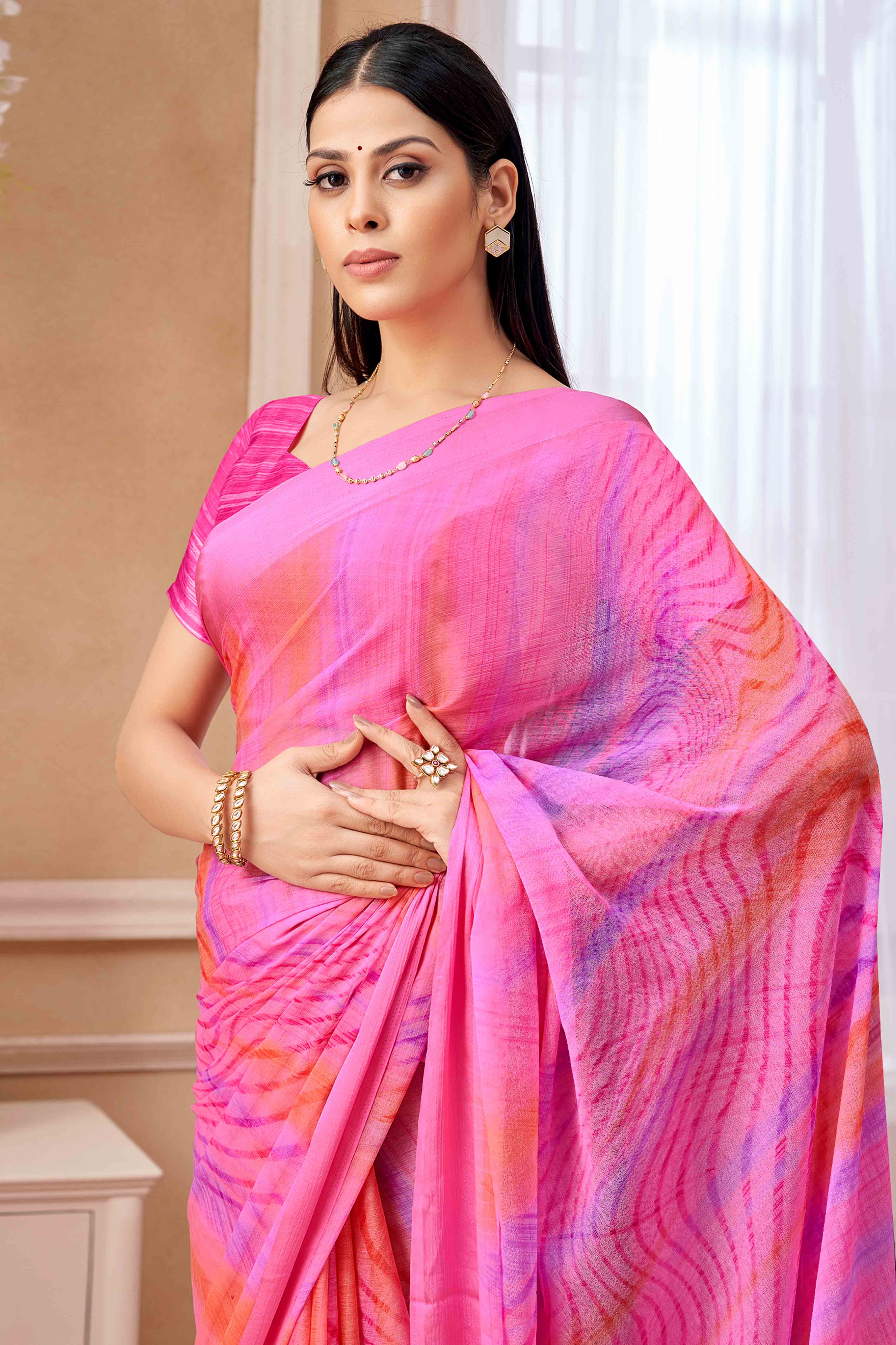 Rani Pink Chiffon Saree With Delicate Prints & Elegant Satin Woven Border