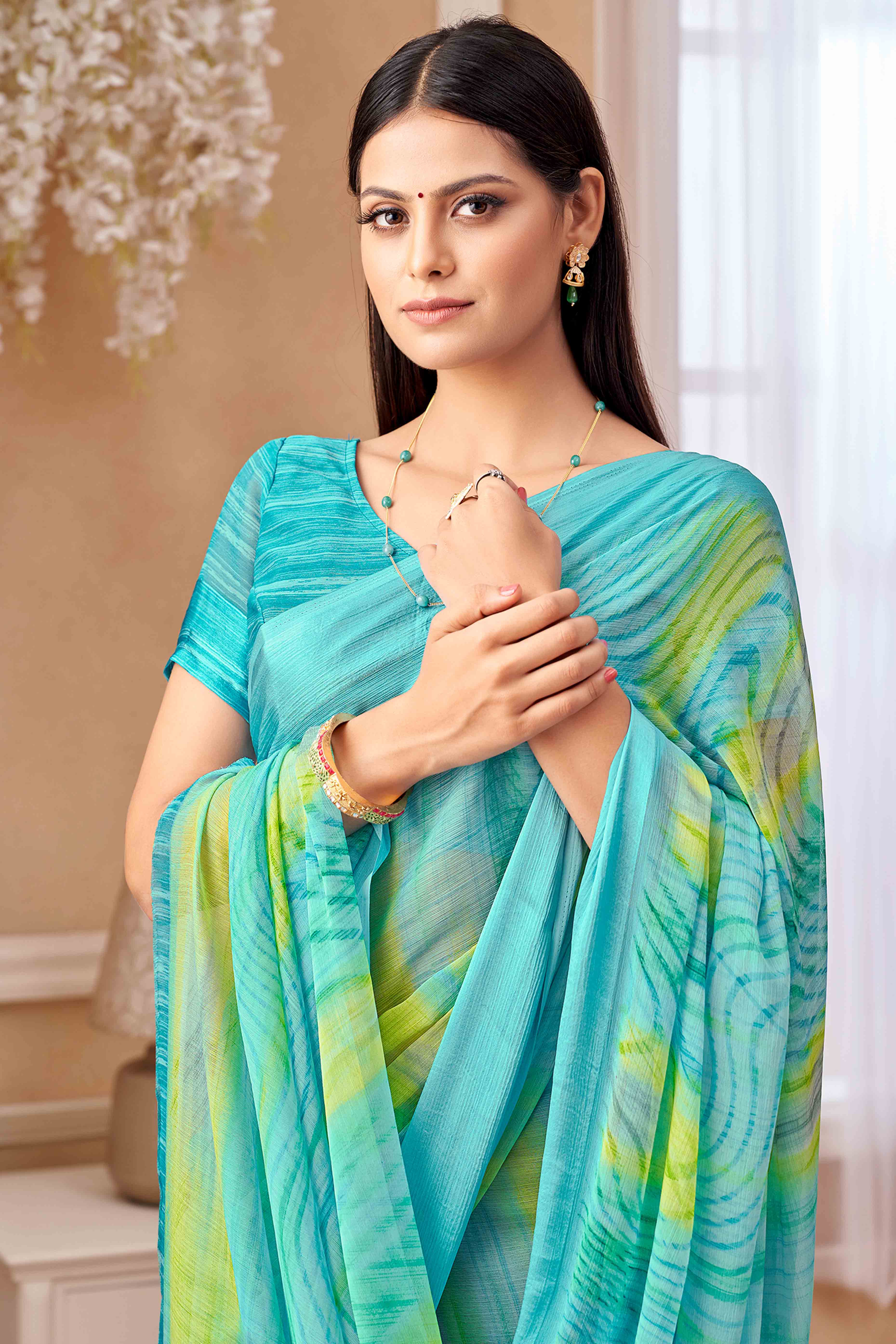 Turquoise Chiffon Saree With Delicate Prints & Elegant Satin Woven Border