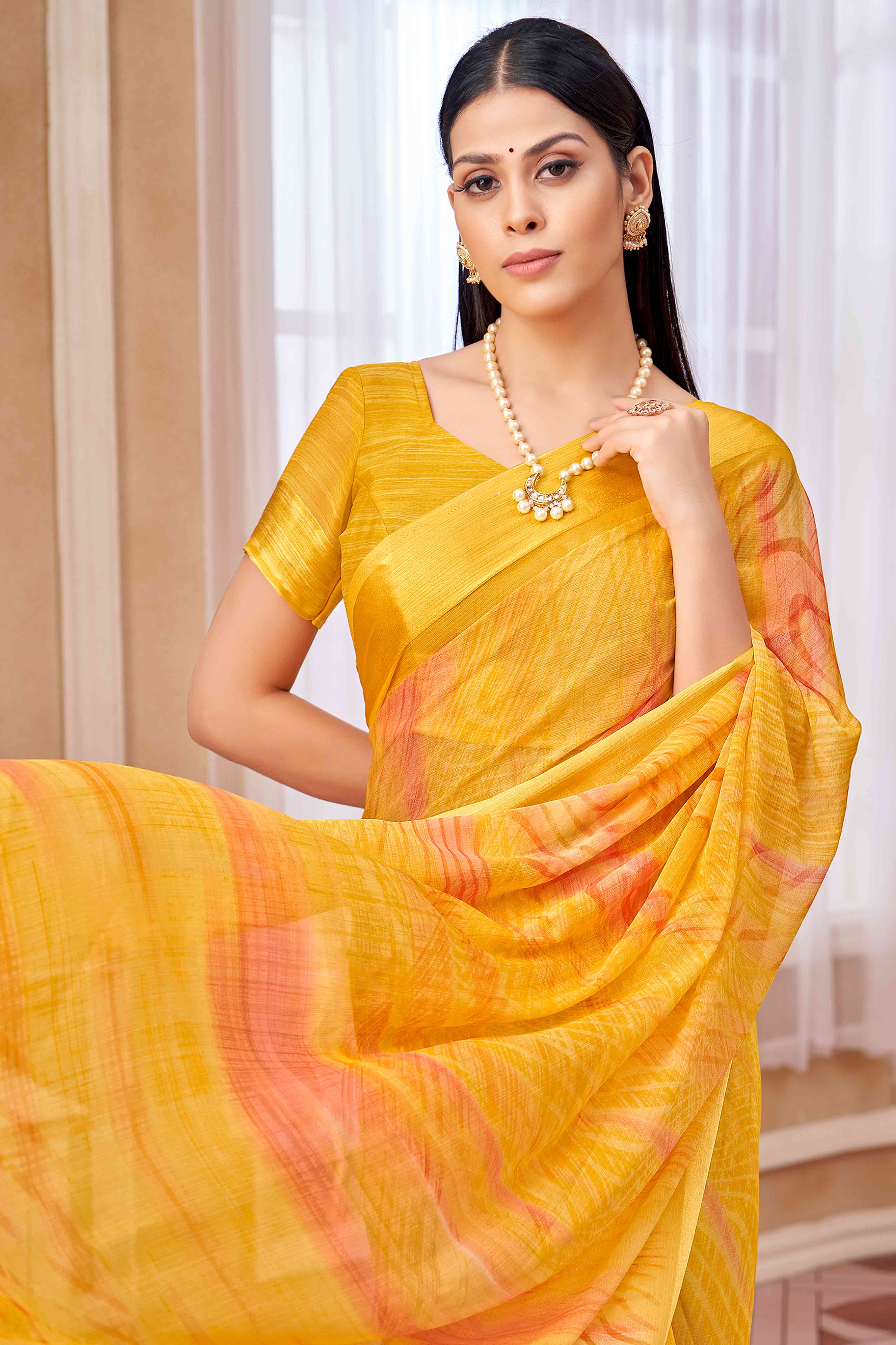 Mustard Chiffon Saree With Delicate Prints & Elegant Satin Woven Border
