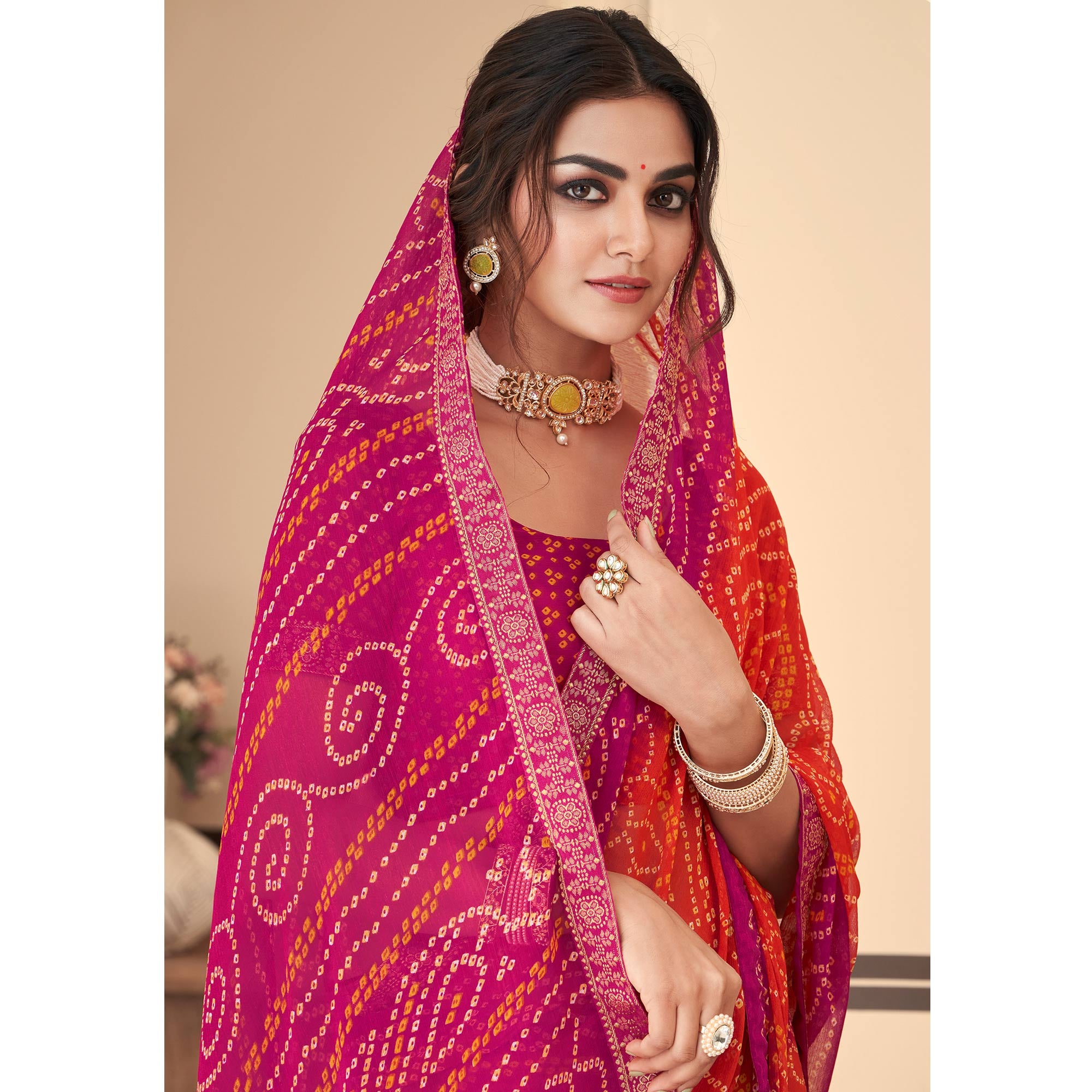 Red & Magenta Bandhani Printed Chiffon Saree With Lace Border