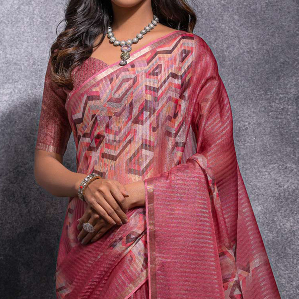 Pink Digital Printed Linen Saree With Woven Border