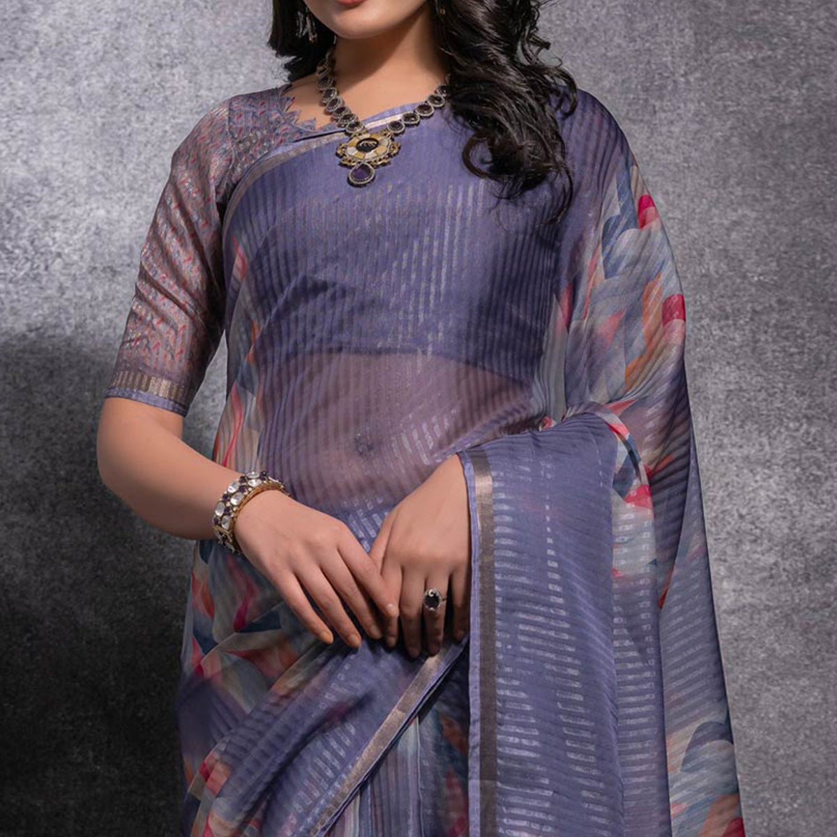 Purple Digital Printed Linen Saree With Woven Border