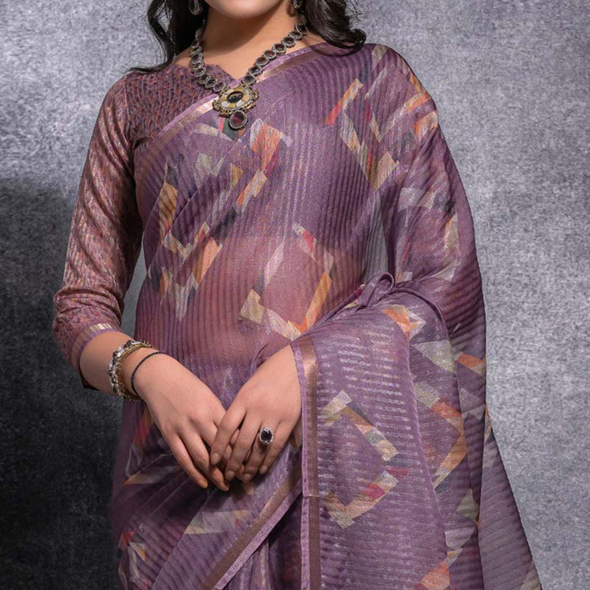 Purple Digital Printed Linen Saree With Woven Border