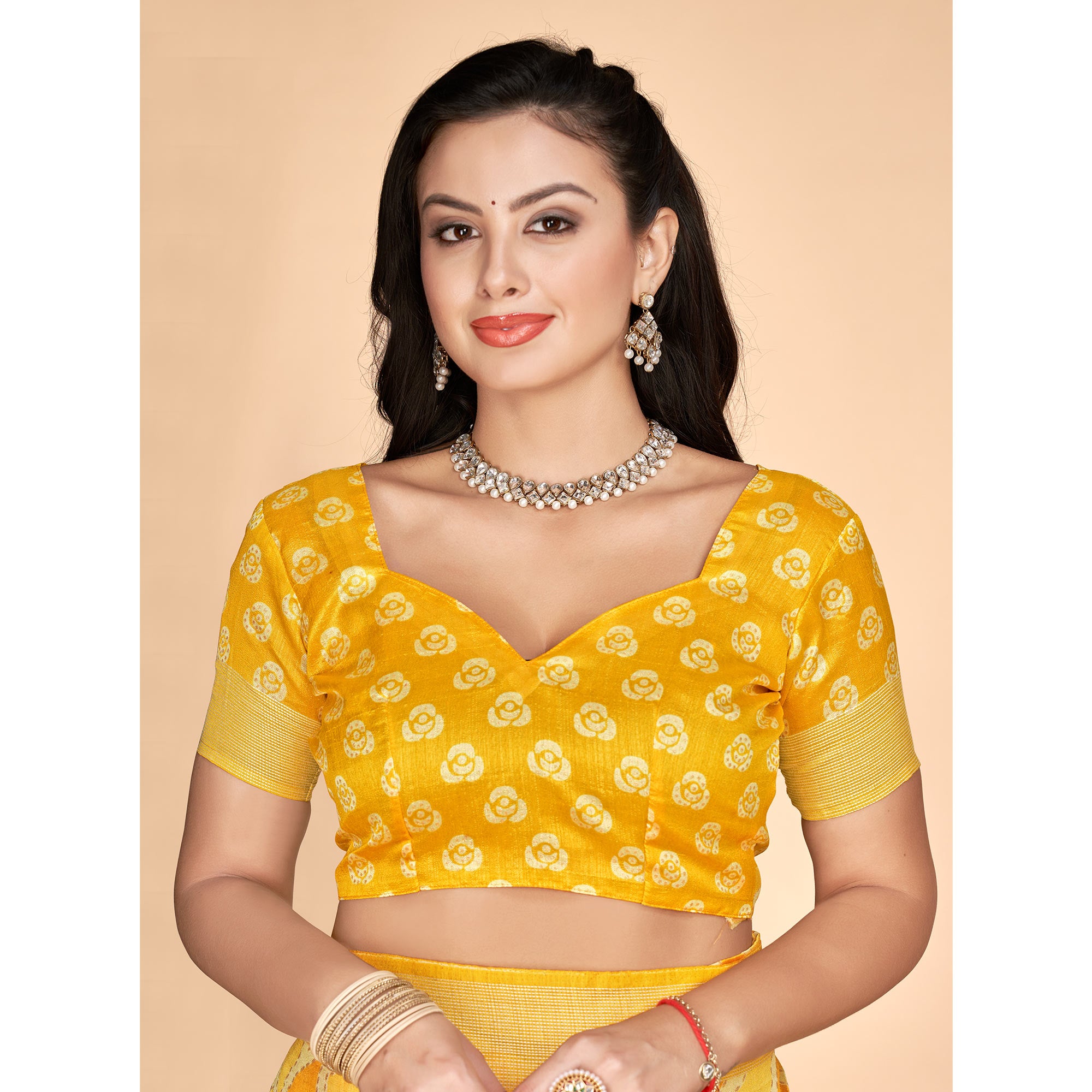 Yellow Printed Tussar Silk Saree