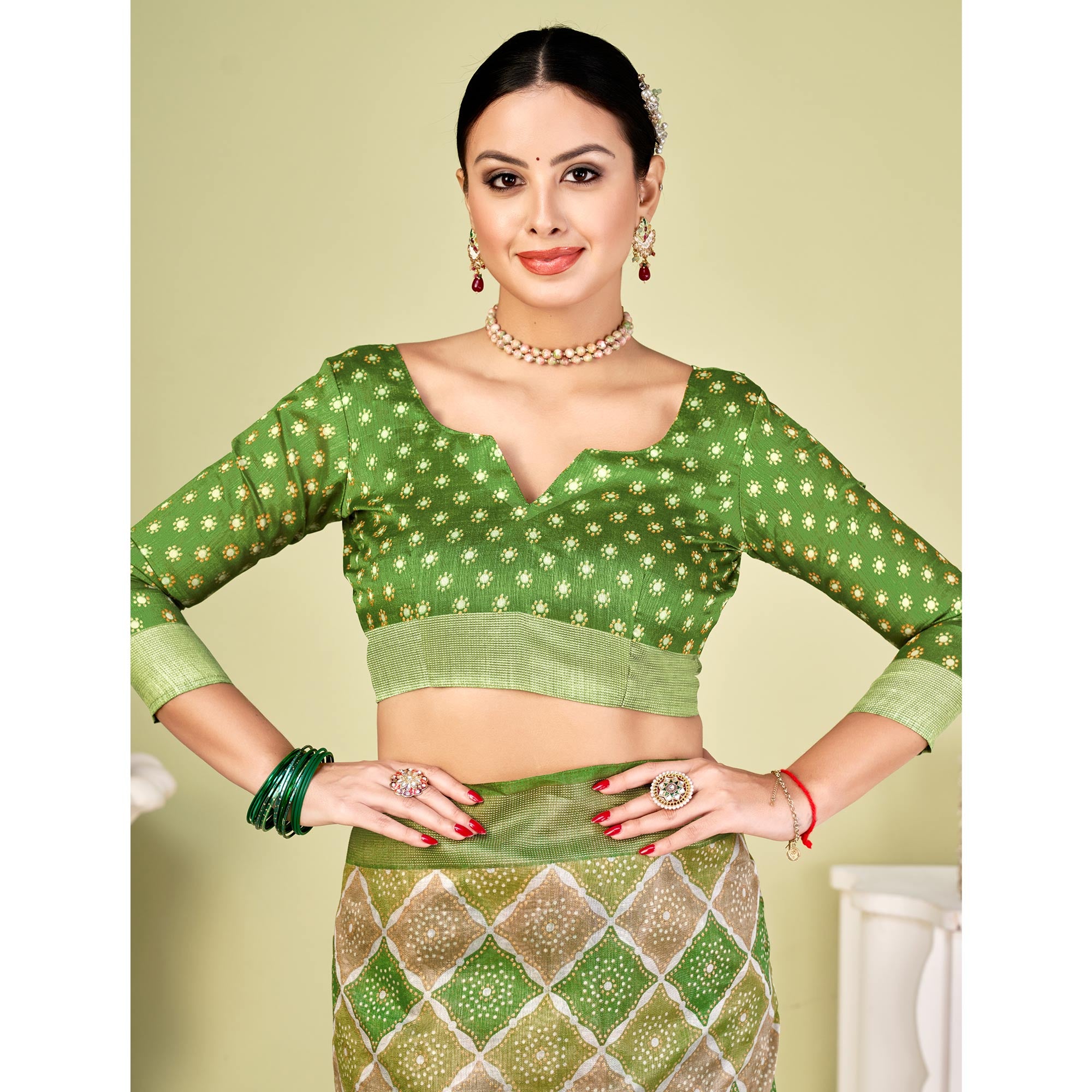 Olive Green Printed Tussar Silk Saree