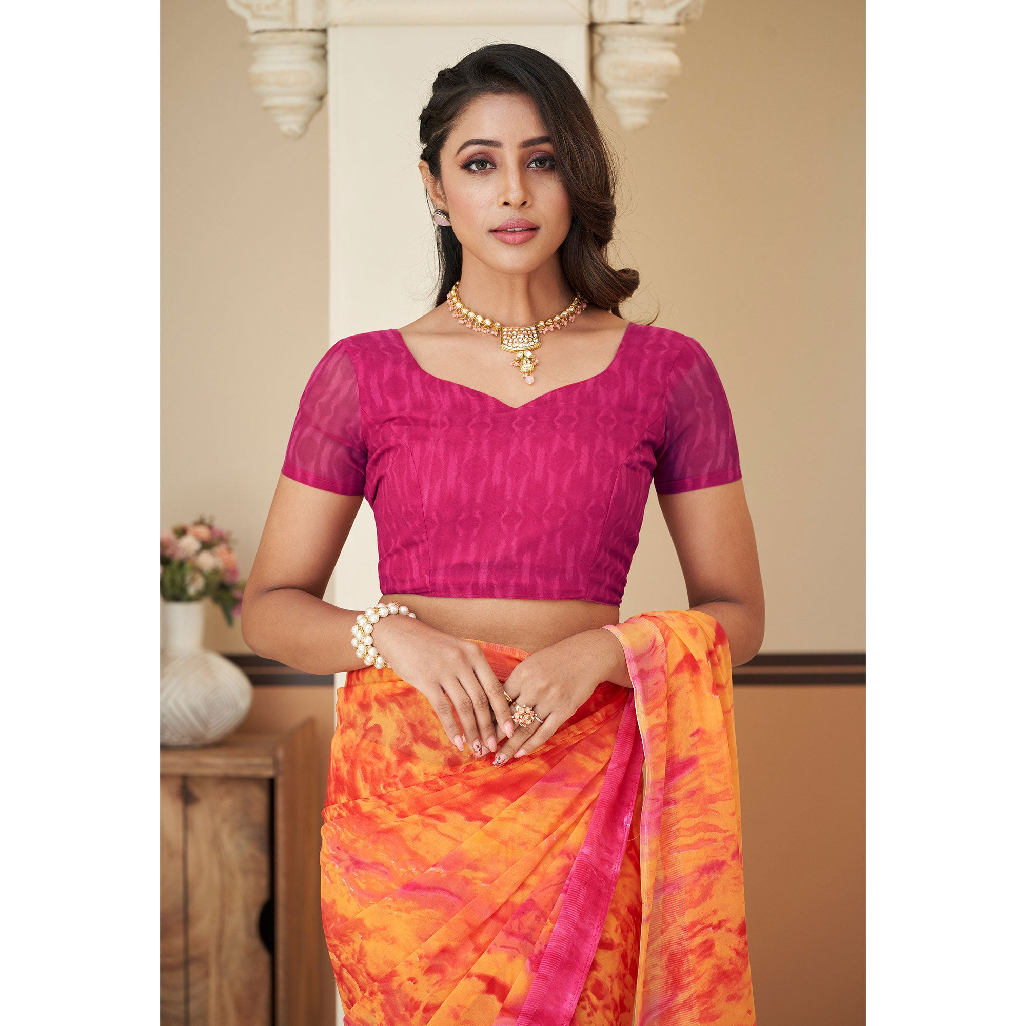 Orange Printed Georgette Saree