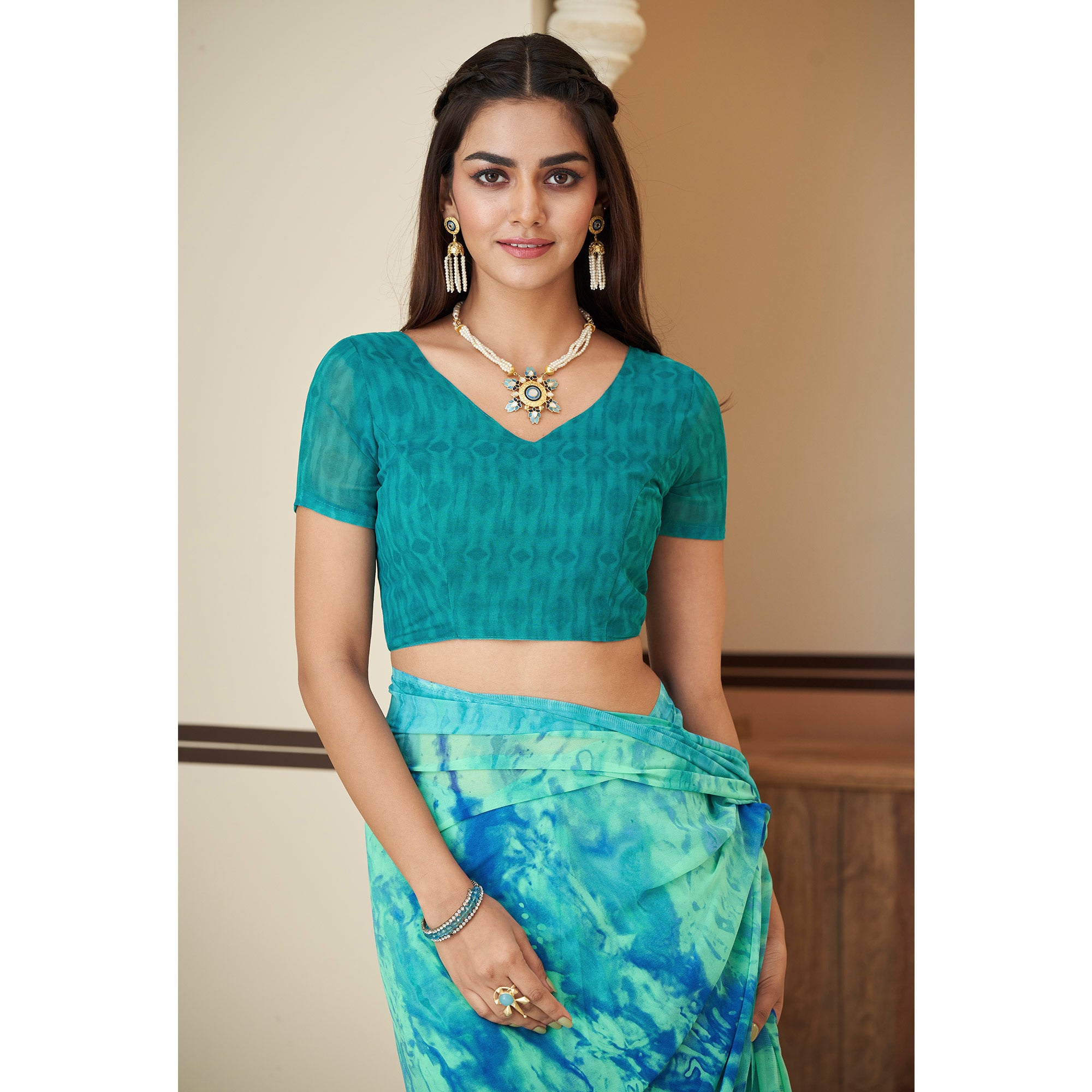 Blue Printed Georgette Saree