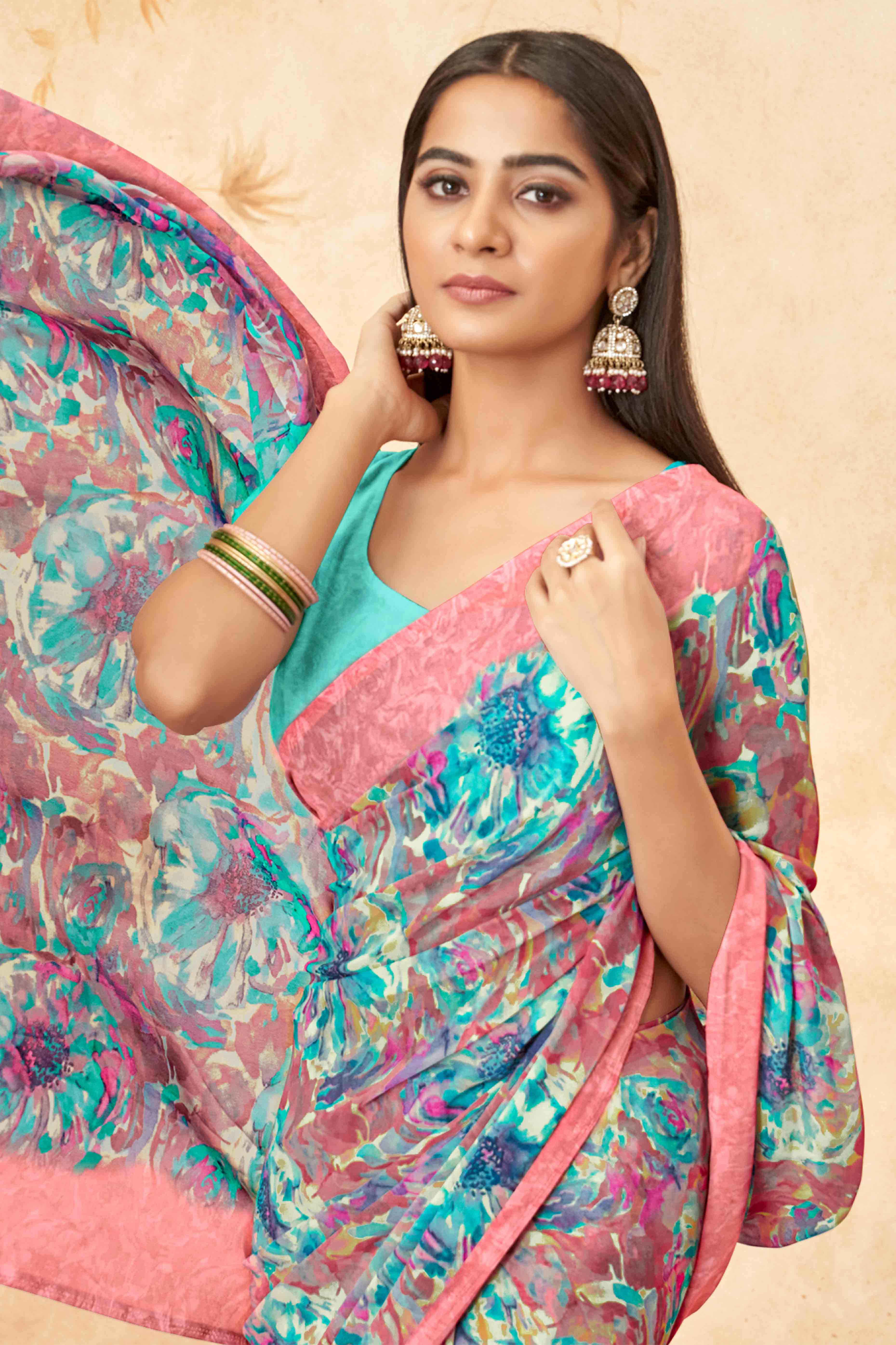 Turquoise Floral Printed Georgette Saree