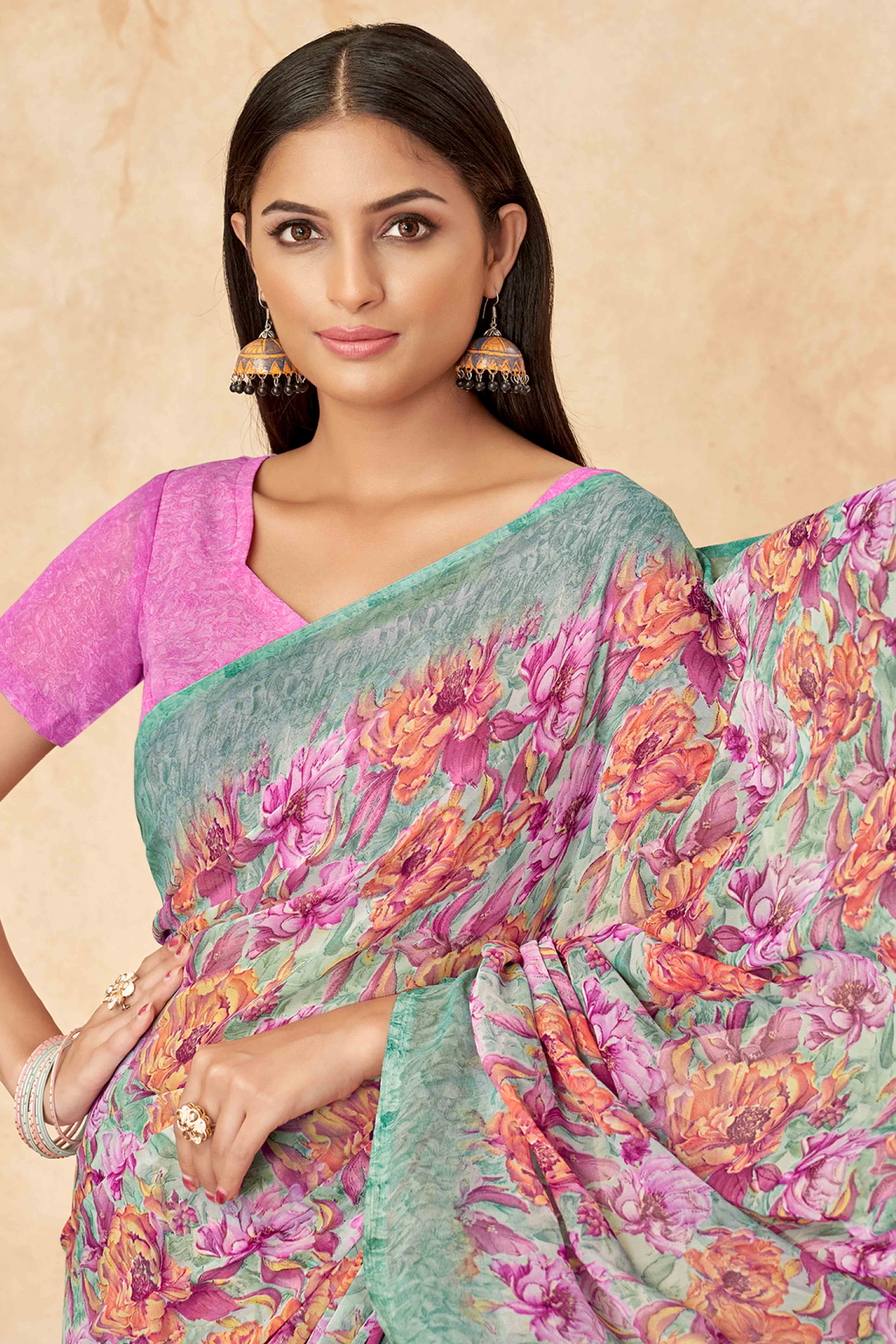 Pink Floral Printed Georgette Saree