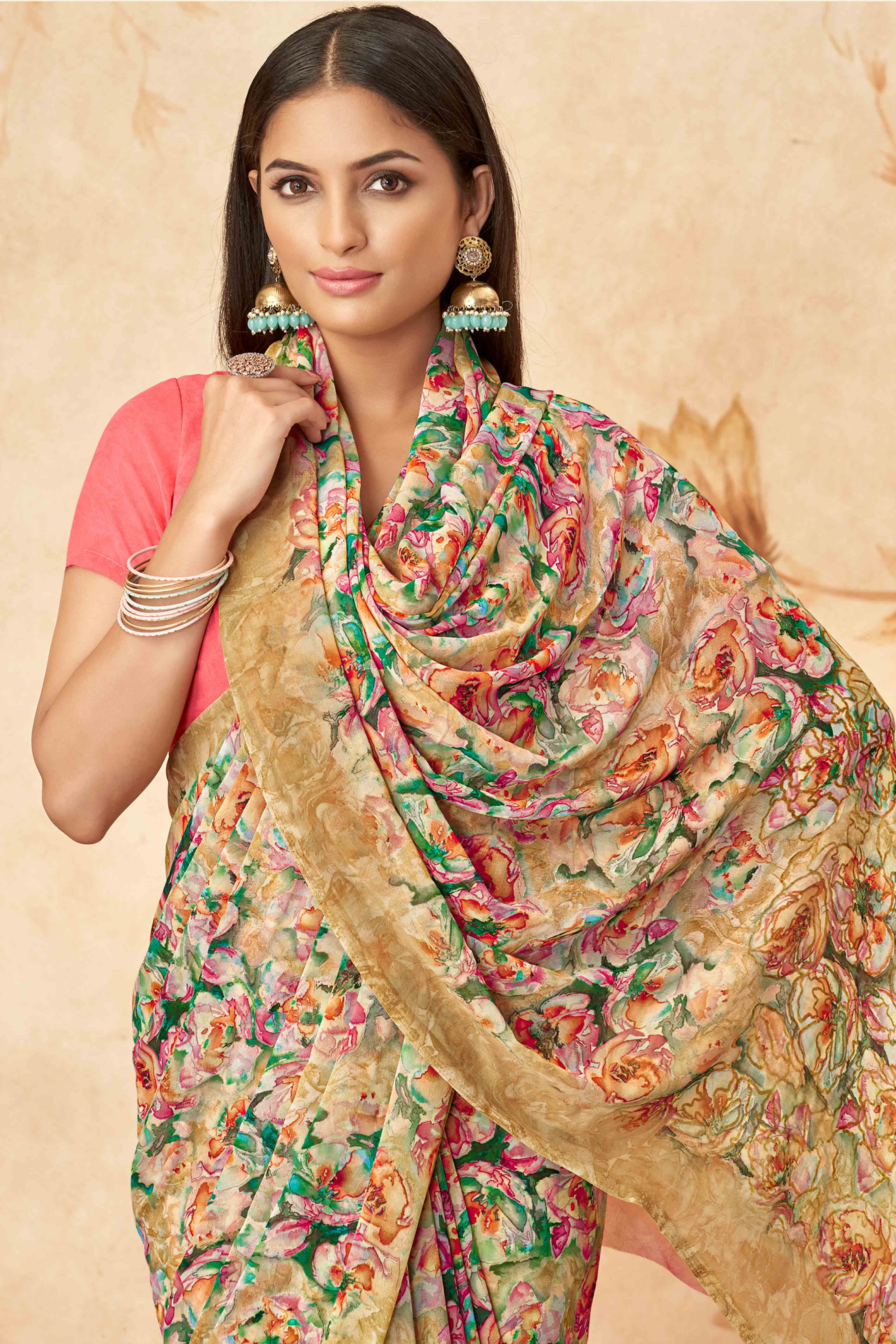 Beige Floral Printed Georgette Saree