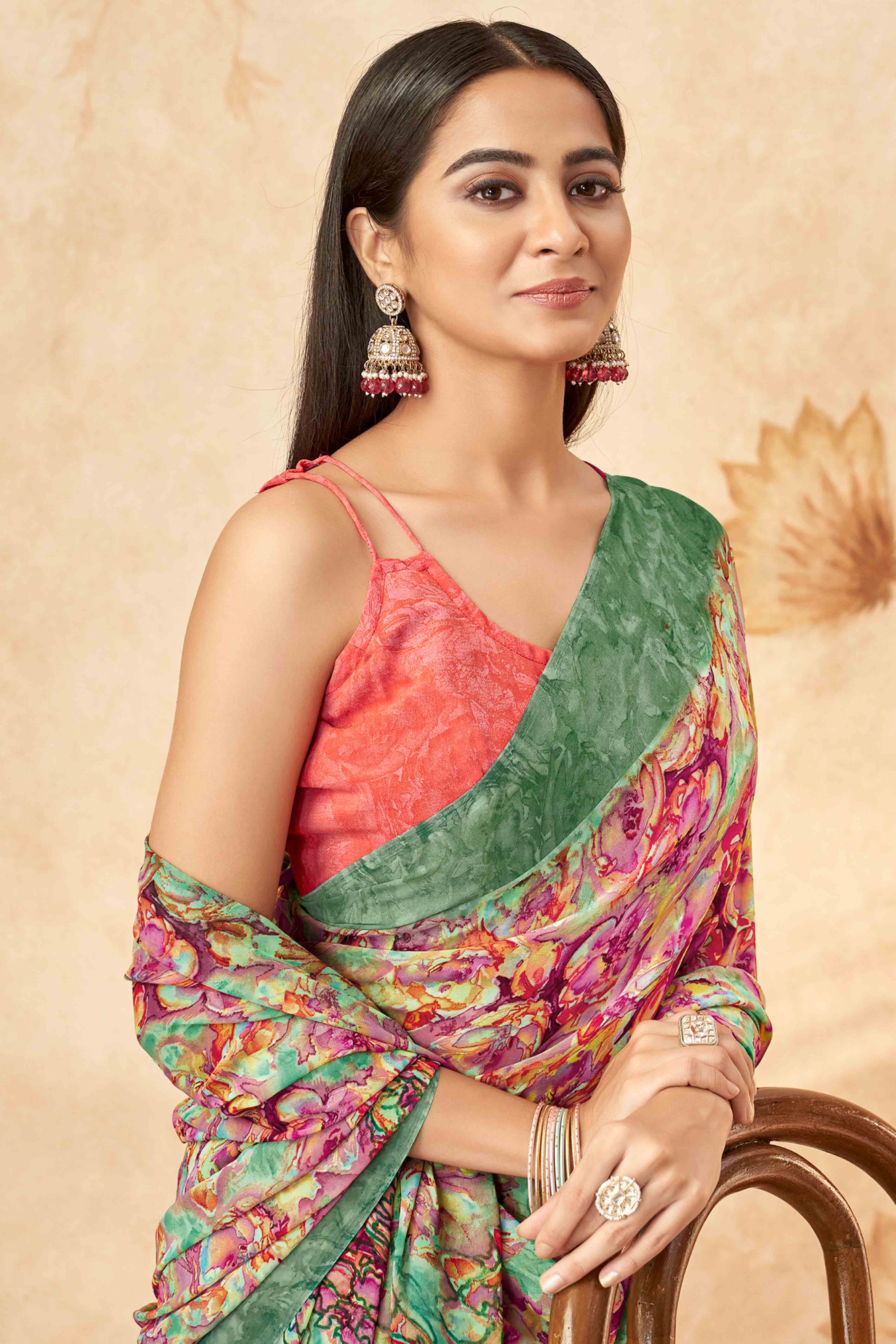 Green Floral Printed Georgette Saree