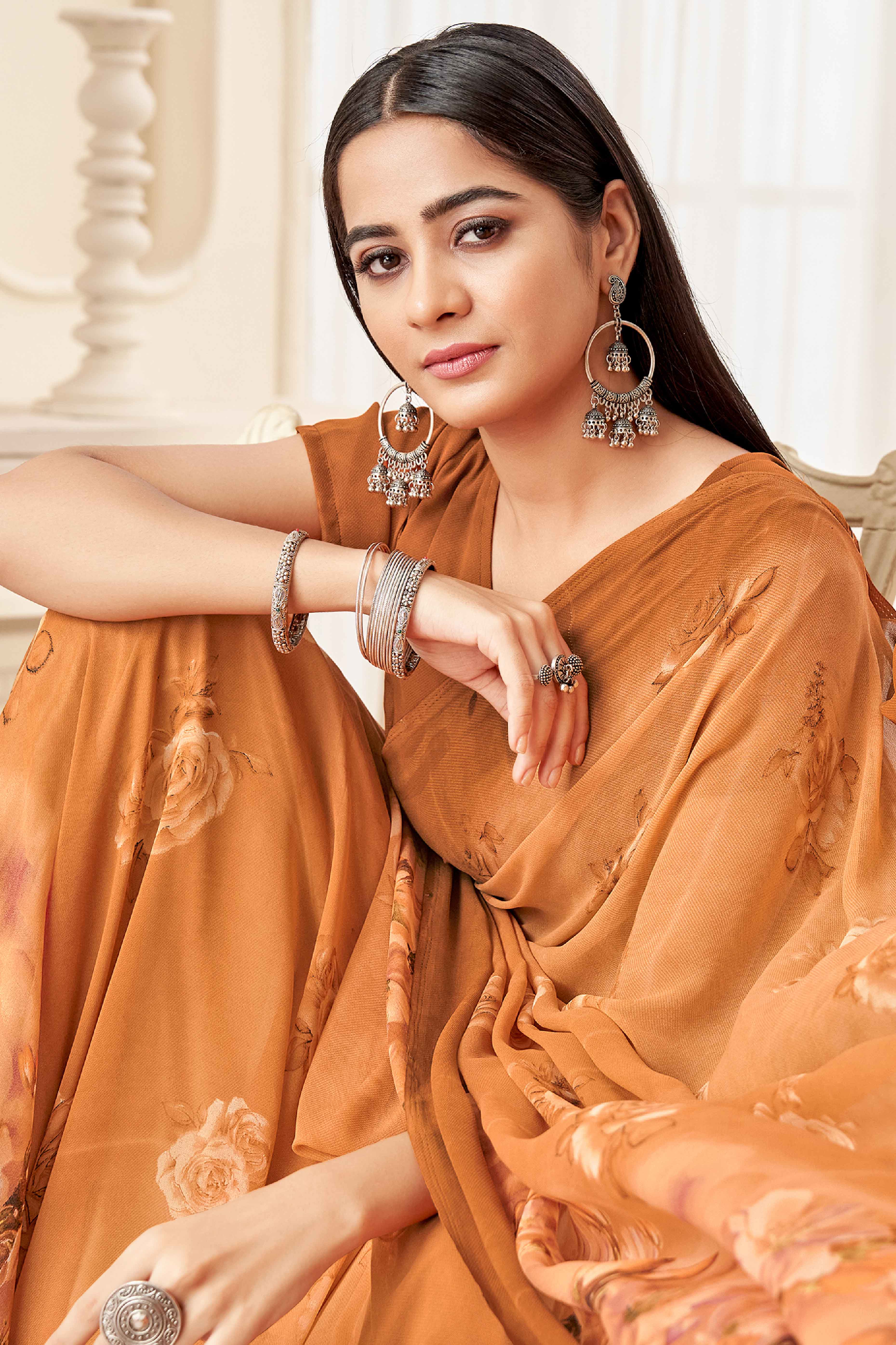 Light Brown Georgette Saree With Delicate Floral Print