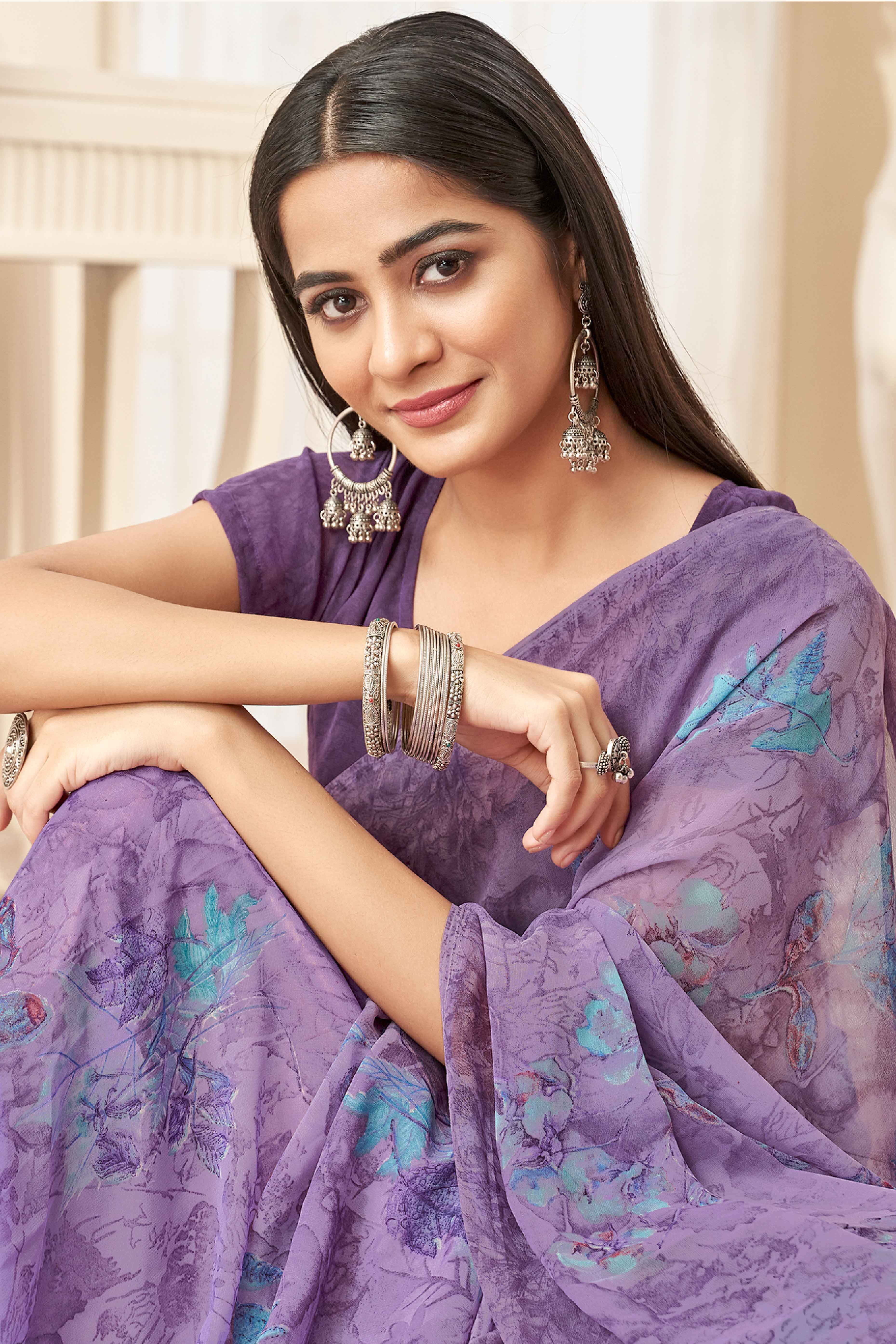 Purple Georgette Saree With Delicate Floral Print