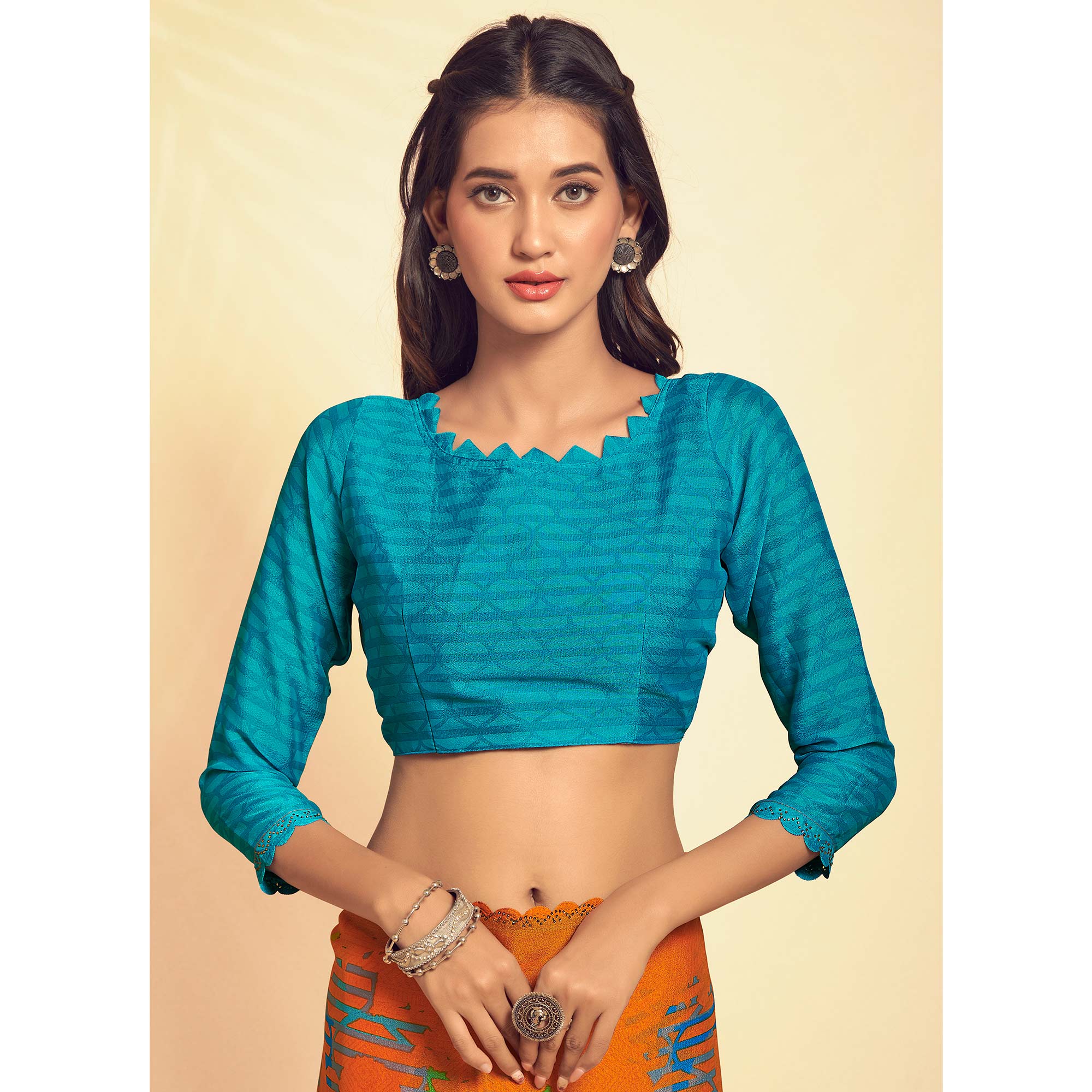 Orange Printed Georgette Saree With Swarovski Border