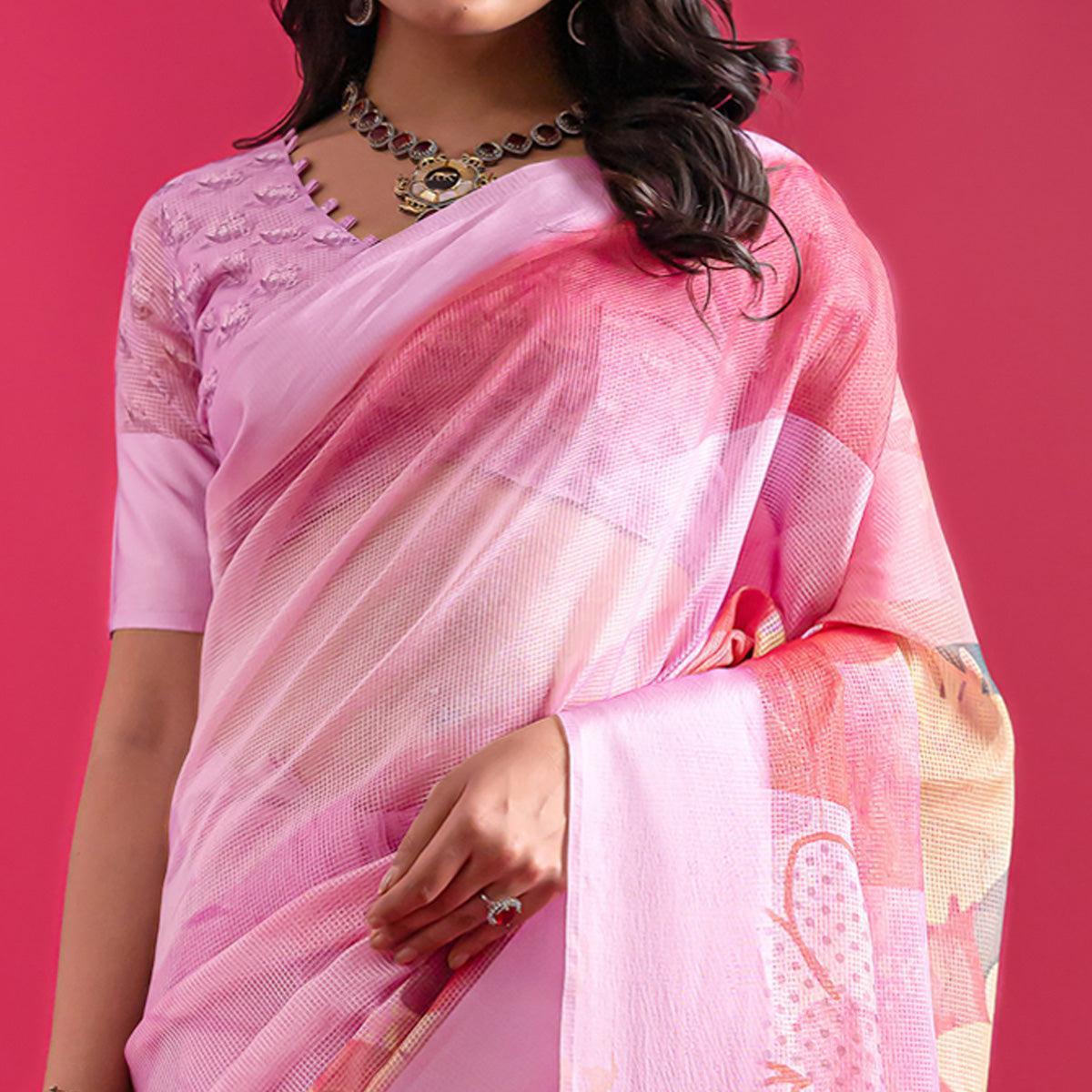 Pink Floral Digital Printed Linen Saree With Woven Border