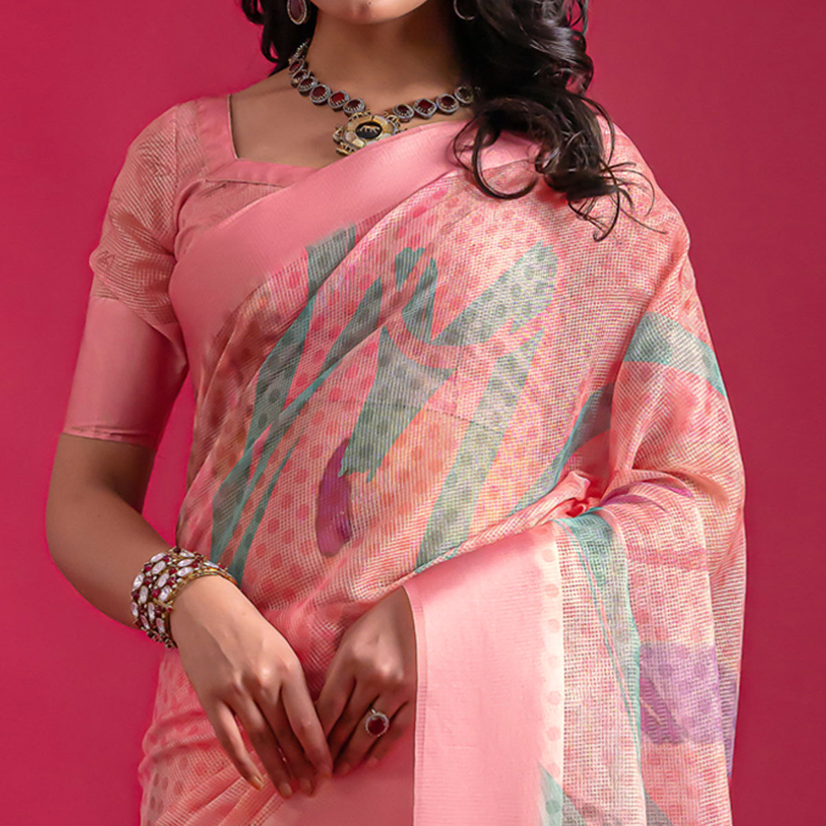 Pink Floral Digital Printed Linen Saree With Woven Border