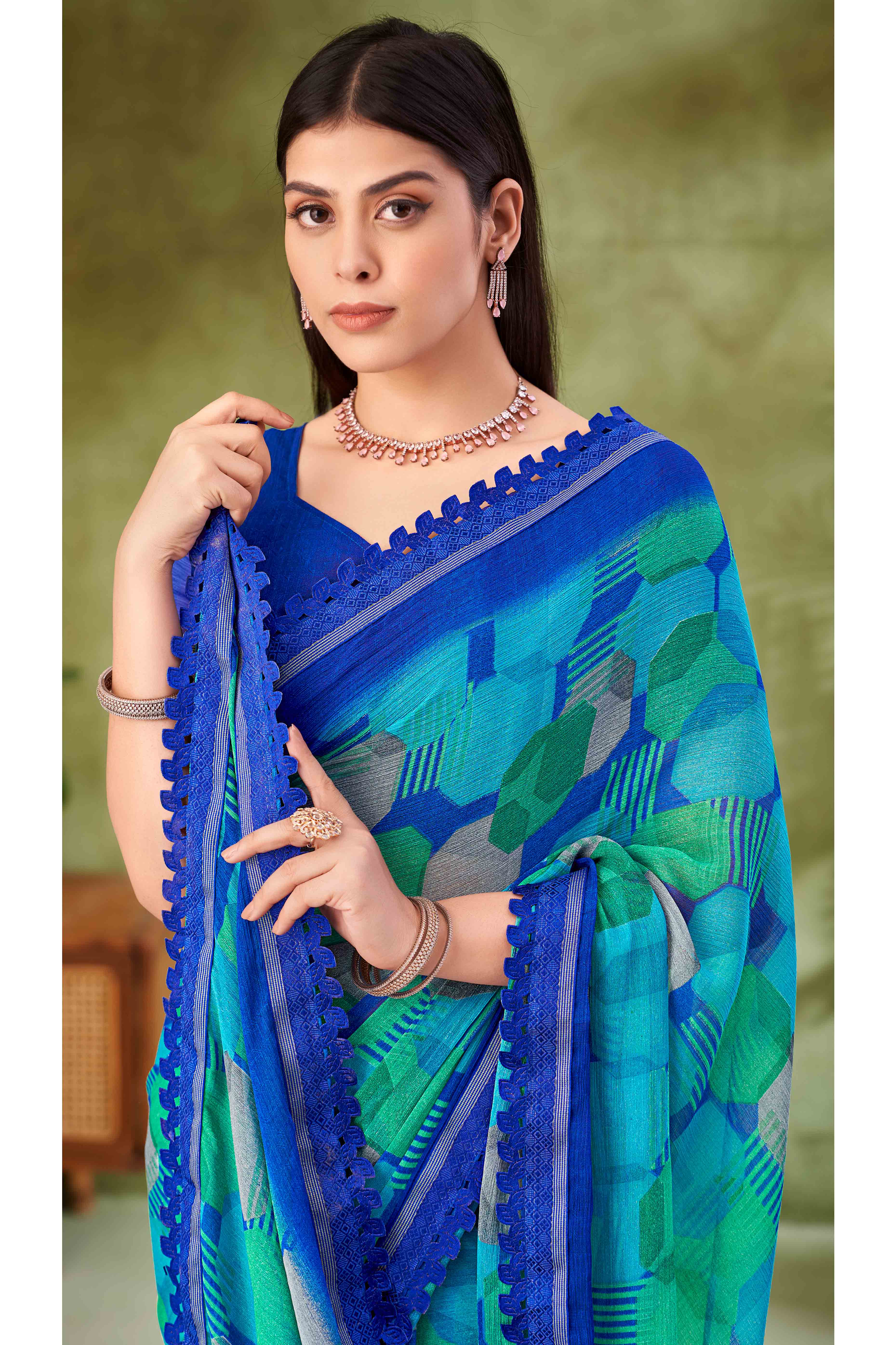 Royal Blue Digital Printed Chiffon Saree Accented With Elegant Lace Border