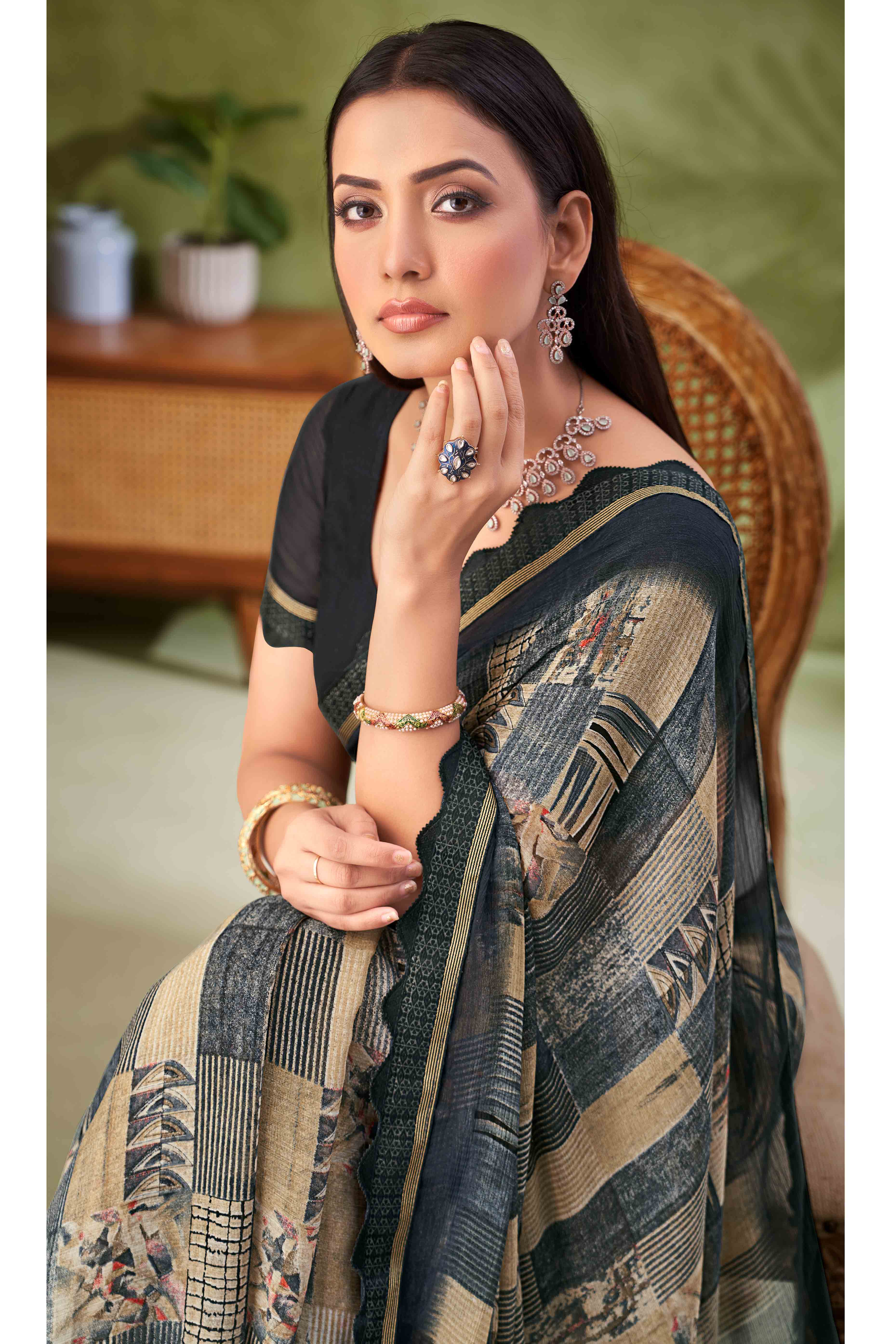 Black Digital Printed Chiffon Saree Accented With Elegant Lace Border