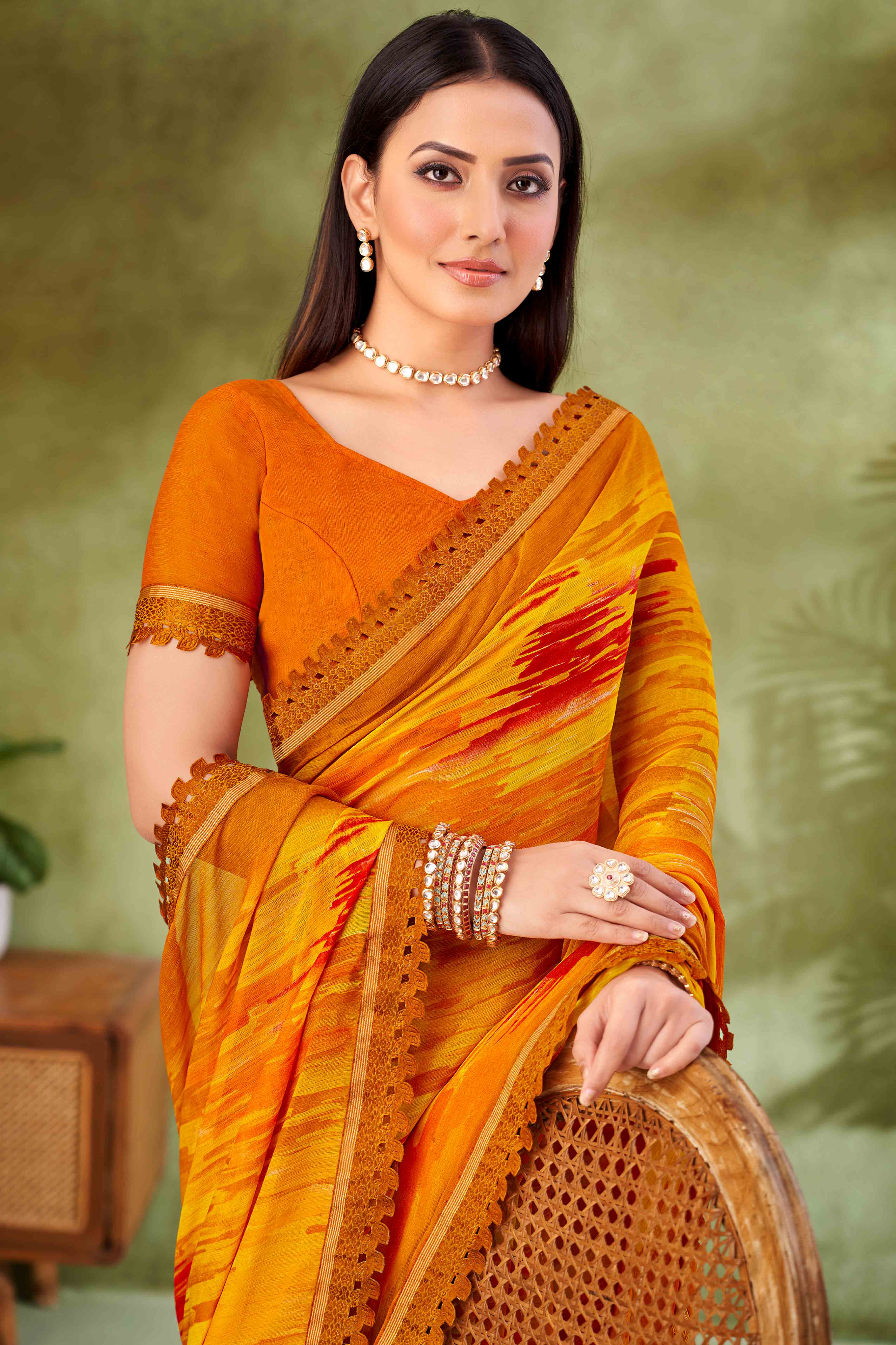 Mustard Digital Printed Chiffon Saree Accented With Elegant Lace Border