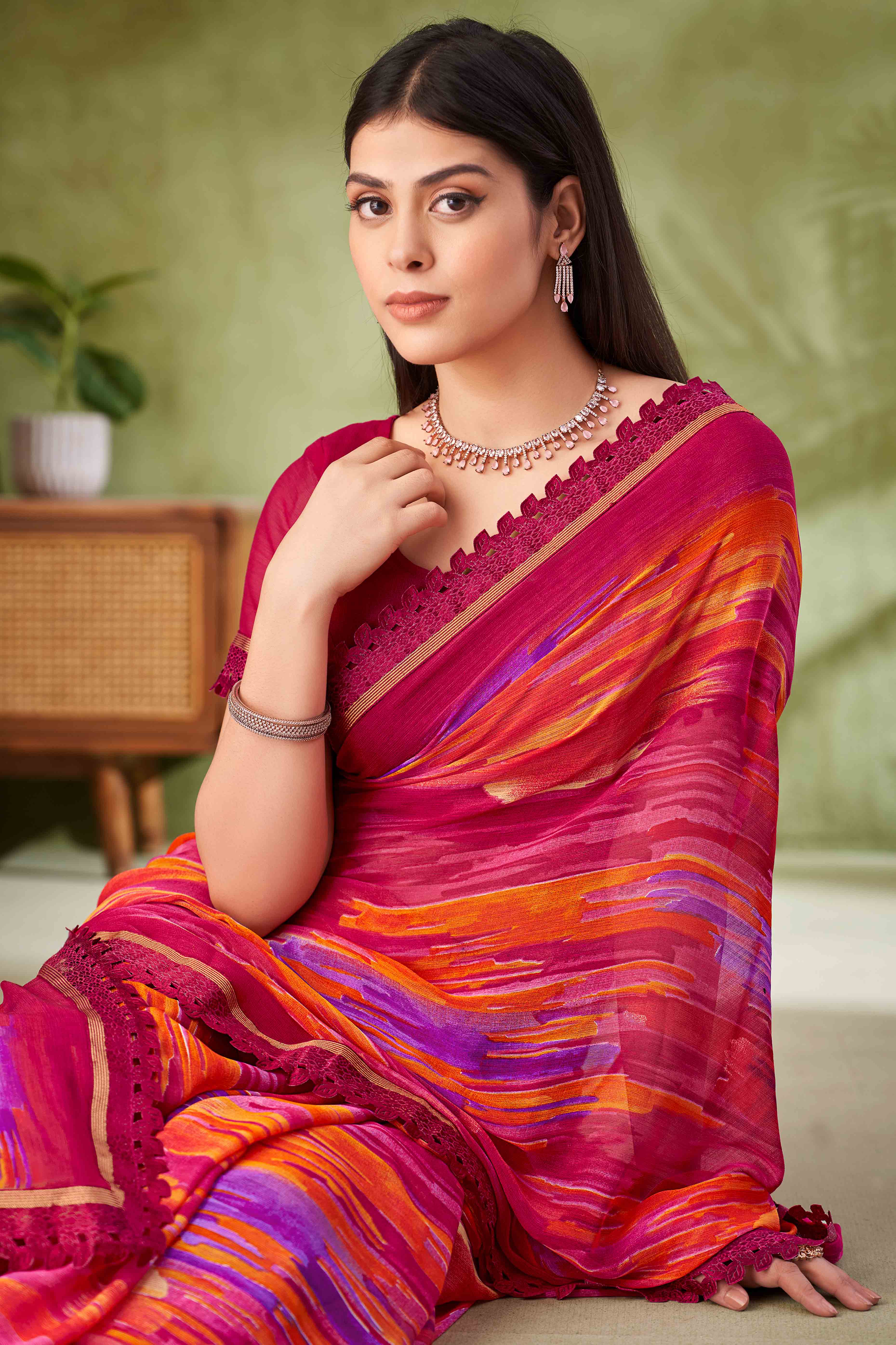 Magenta Digital Printed Chiffon Saree Accented With Elegant Lace Border