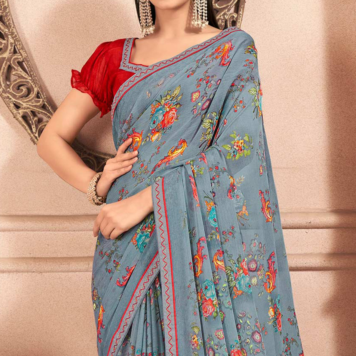 Grey Floral Printed Chiffon Saree With Lace Border