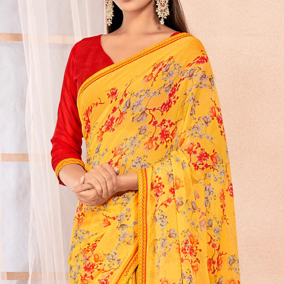Yellow Floral Printed Chiffon Saree With Lace Border