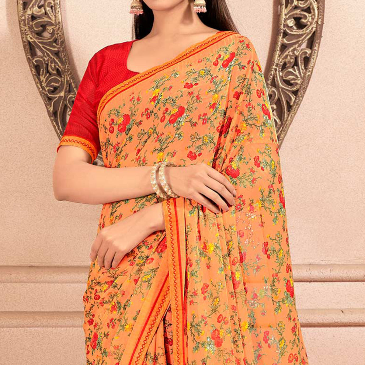 Orange Floral Printed Chiffon Saree With Lace Border
