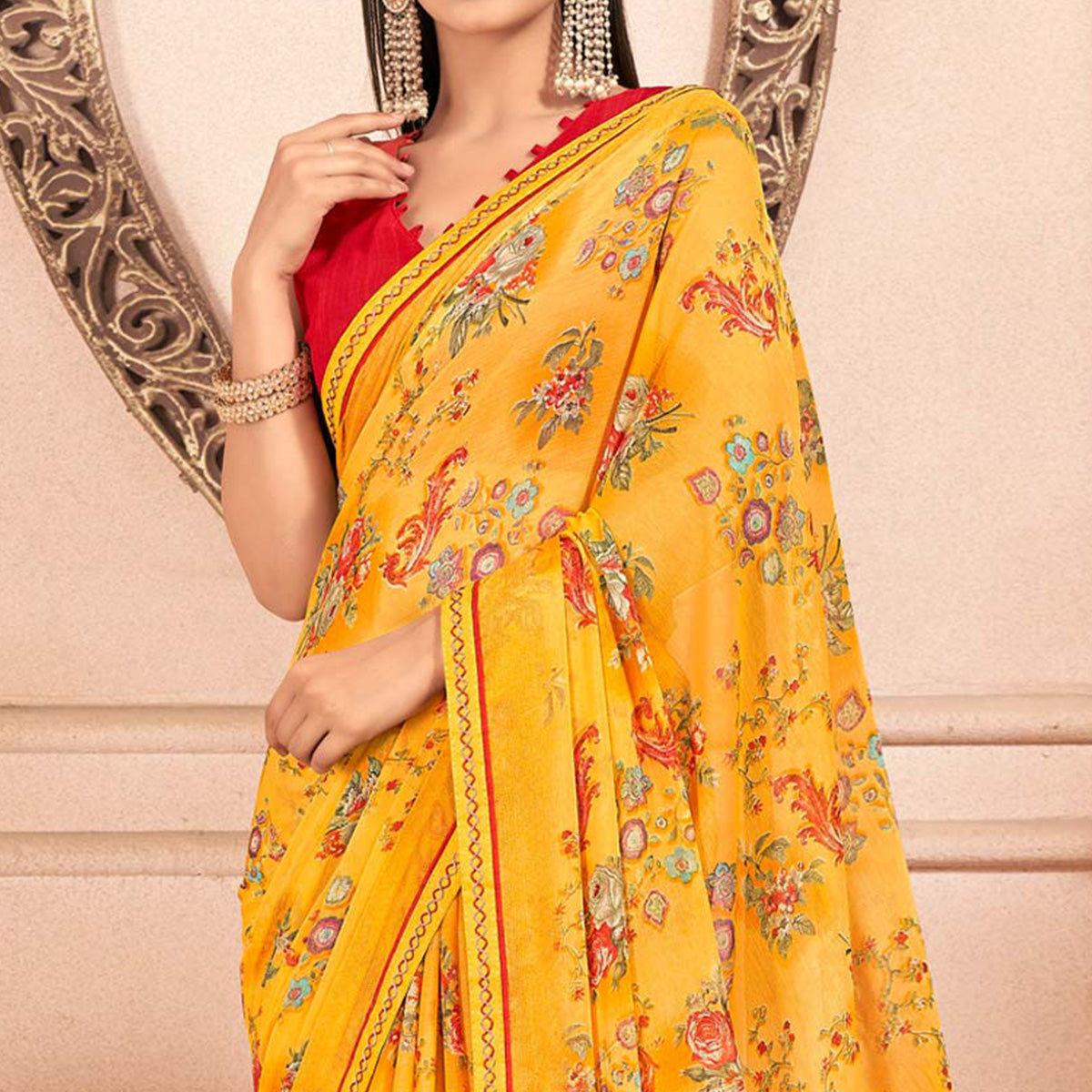 Yellow Floral Printed Chiffon Saree With Lace Border