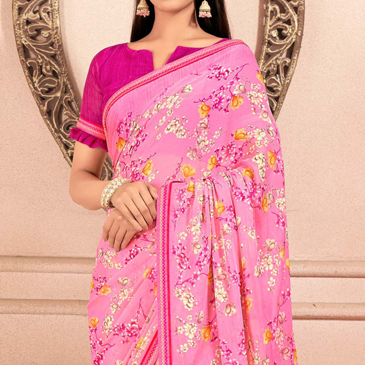 Pink Floral Printed Chiffon Saree With Lace Border