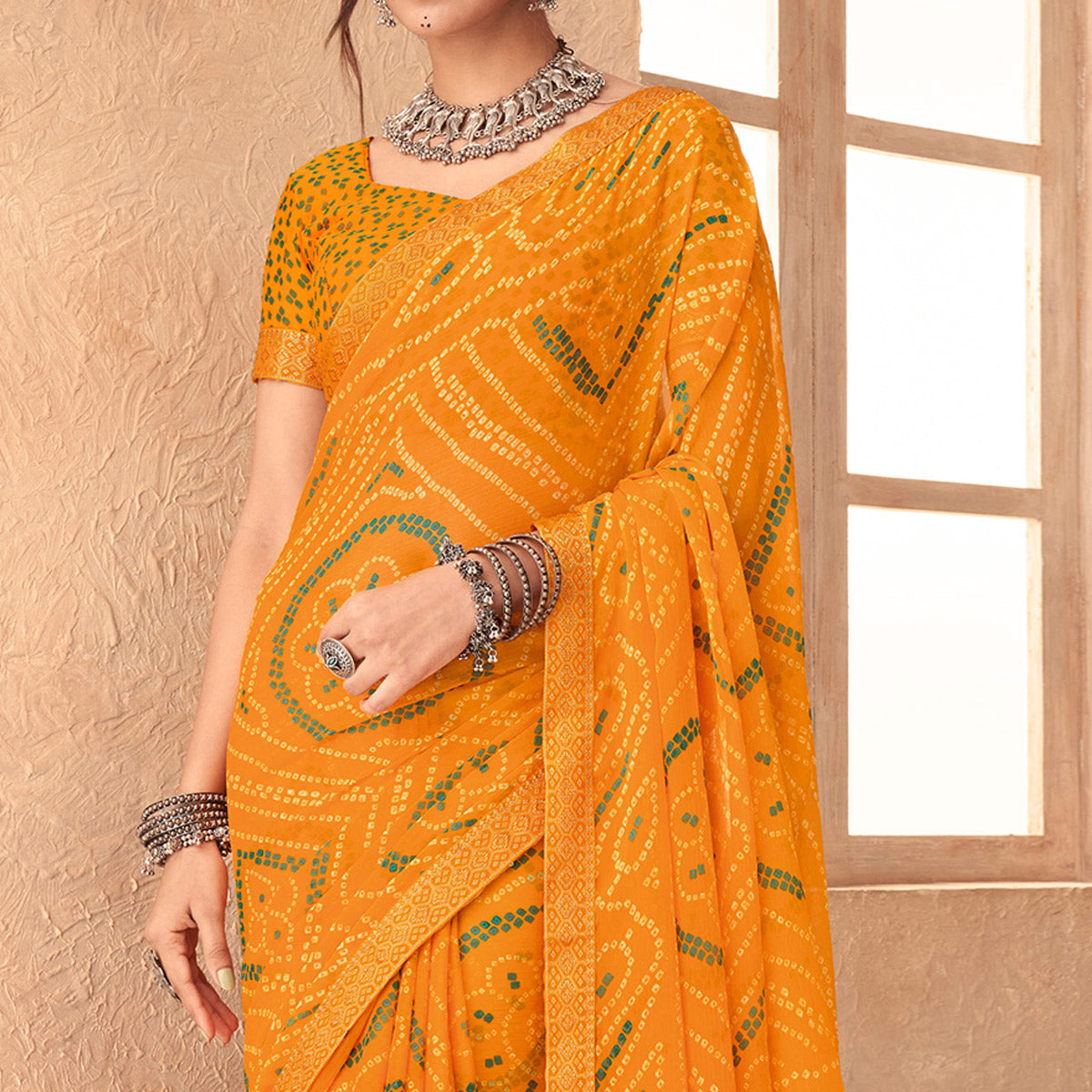 Yellow Bandhani Printed Chiffon Saree