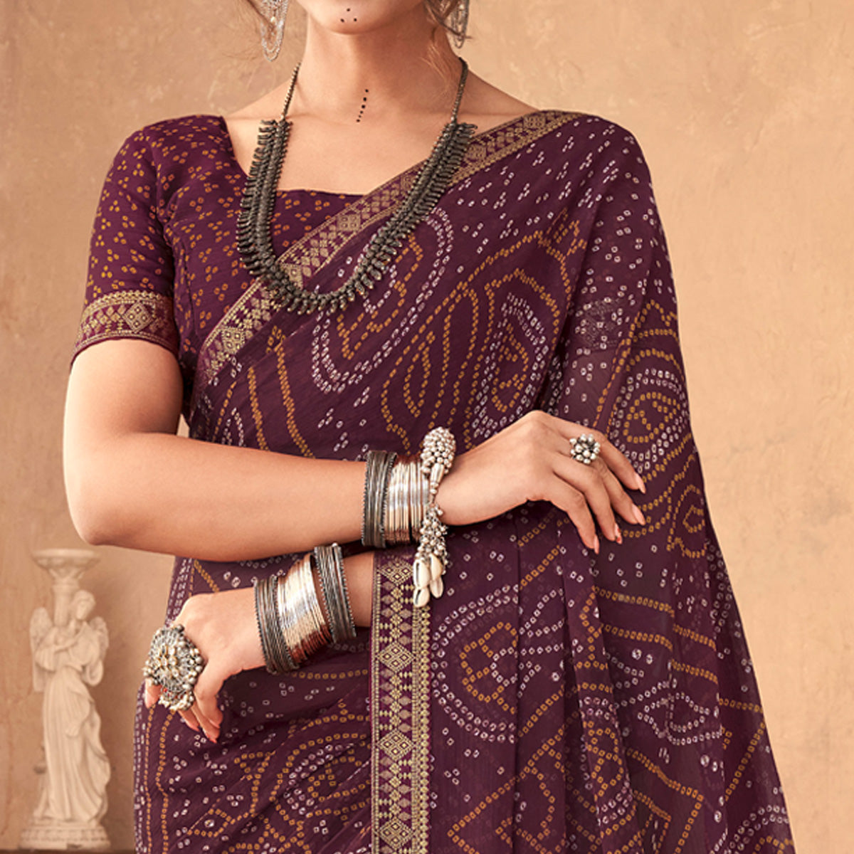 Wine Bandhani Printed Chiffon Saree