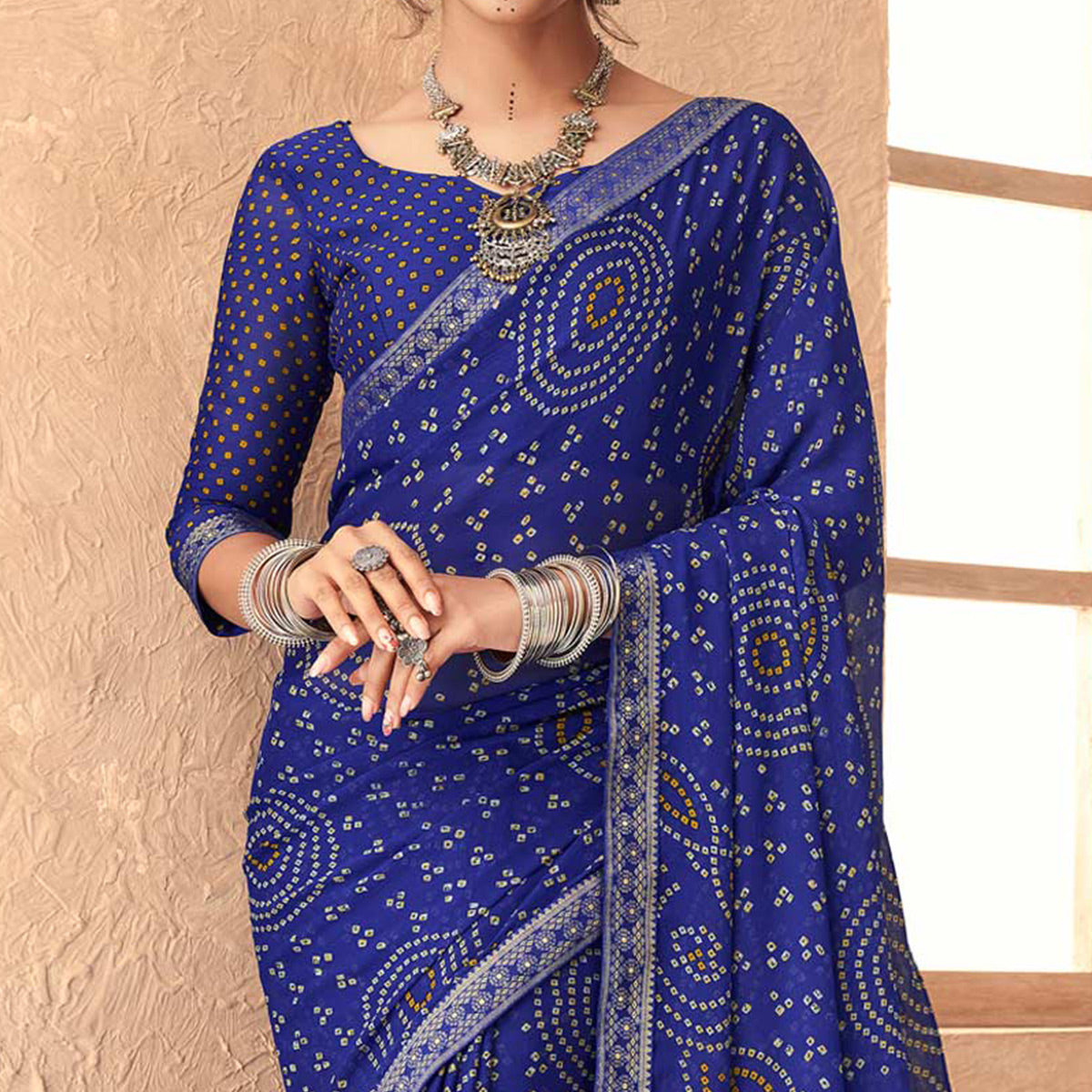 Blue Bandhani Printed Chiffon Saree